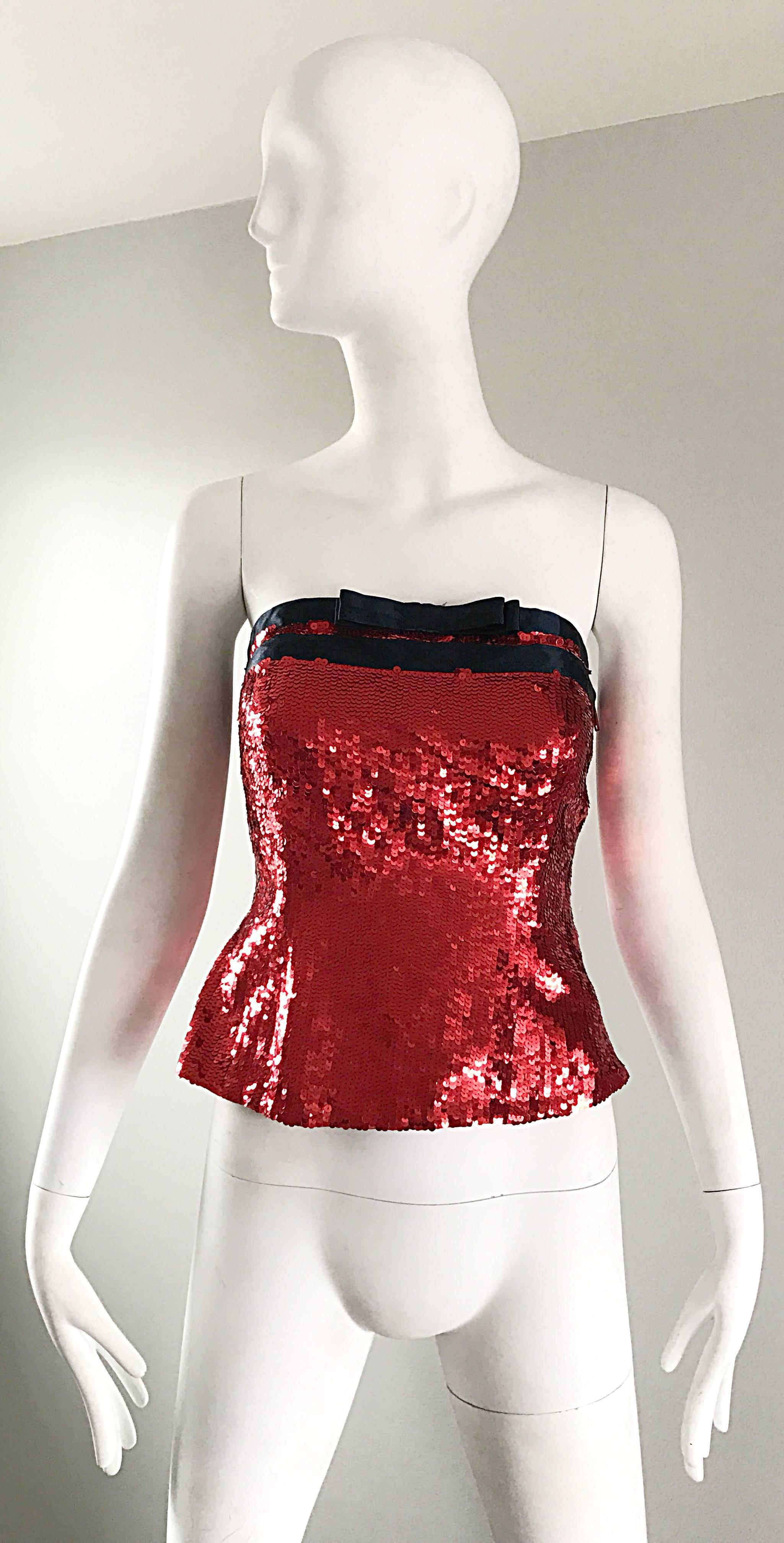 1990s Bill Blass Size 6 Red Sequin Black Strapless Bustier Vintage Corset Top For Sale 2