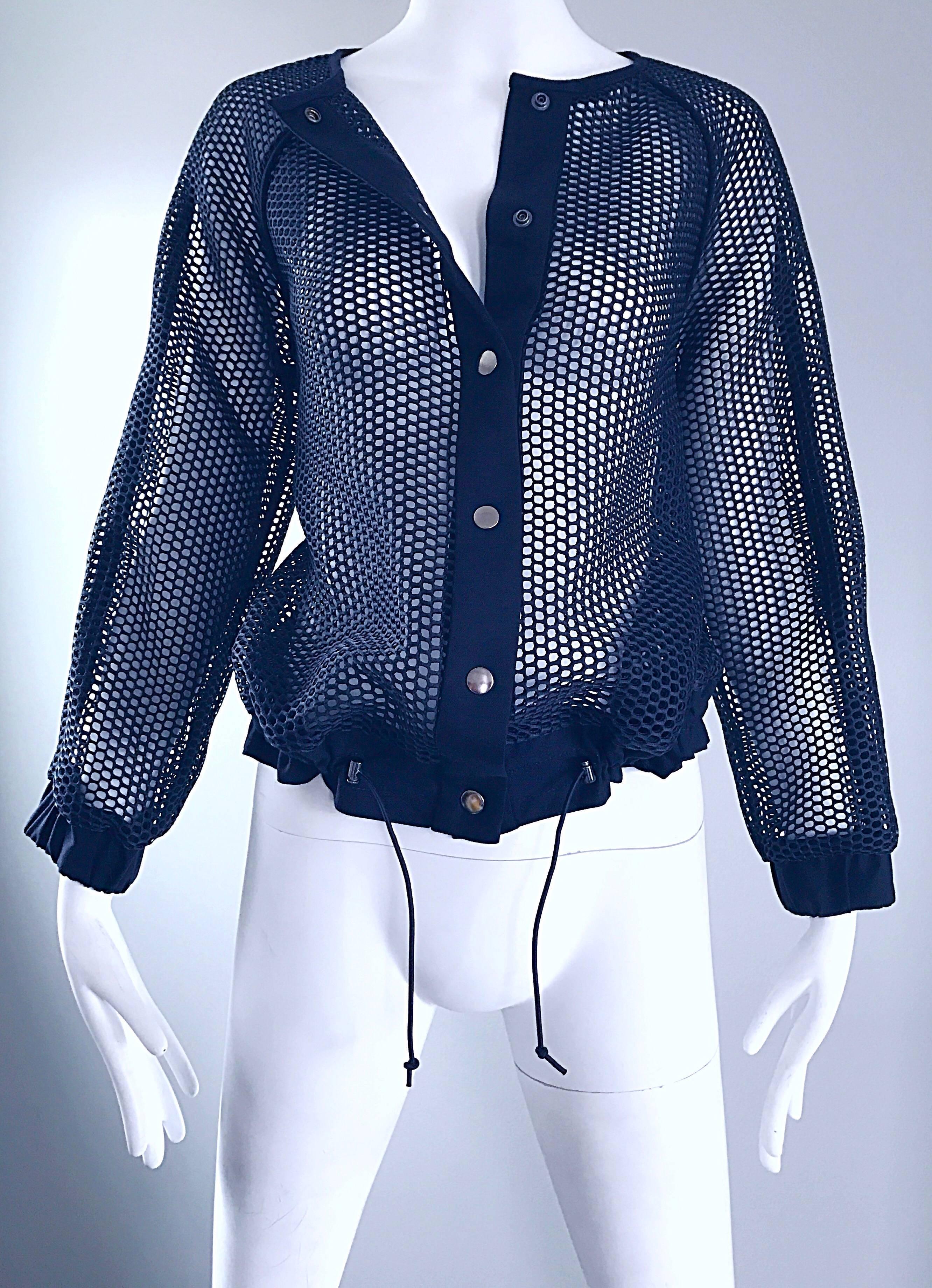 Women's NWT Laver Navy Blue $795 Perforated Cut - Out Net Nautical Jacket Top Cover Up