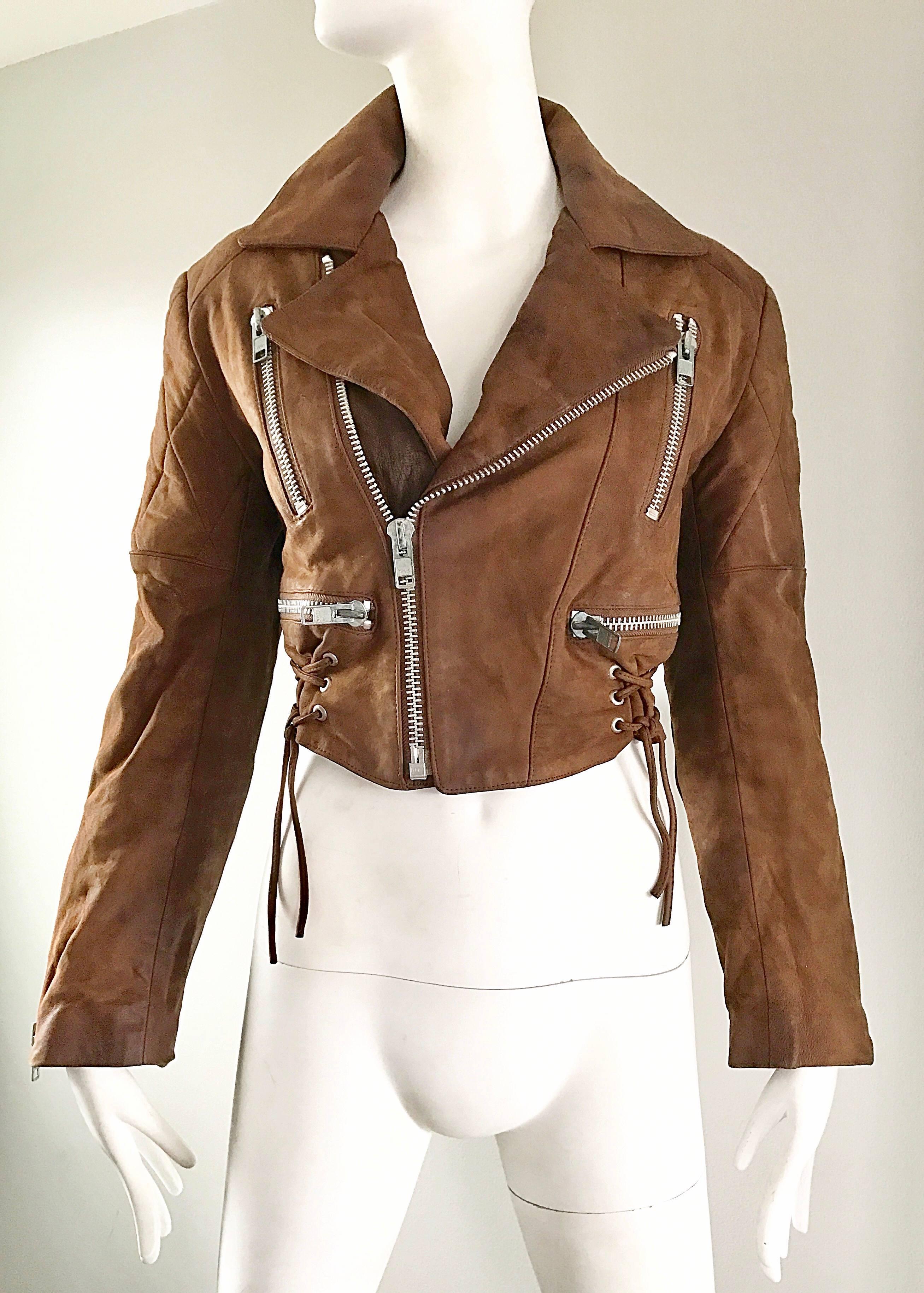 1980s Michael Hoban for North Beach Leather Brown Vintage 80s Moto Jacket  For Sale 2