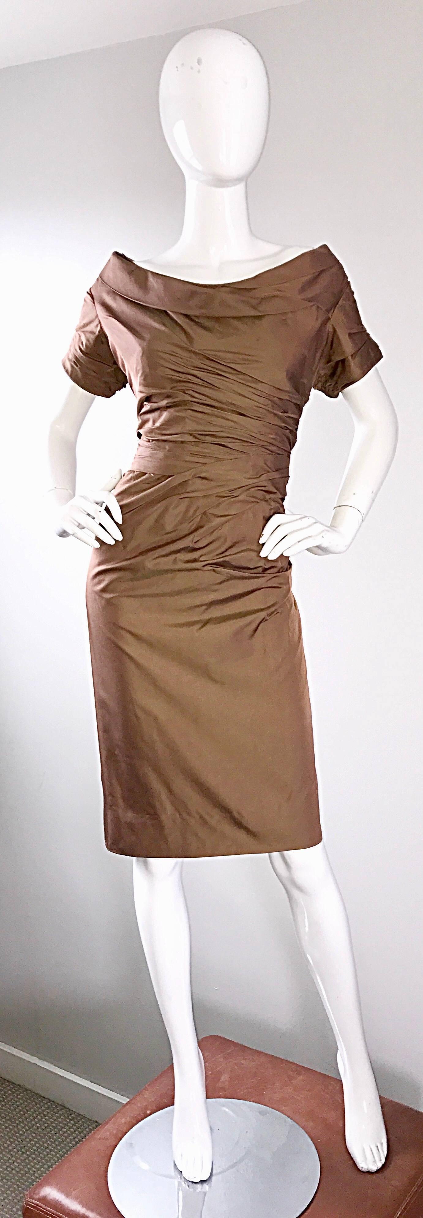 Gorgeous 1950s CEIL CHAPMAN plus size light brown / peanut color silk taffeta wiggle dress! Chapman was a favorite amongst 50s starlets such as Marilyn Monroe, Elizabeth Taylor, and Jayne Mansfield, just to name a few. Her insane attention to detail