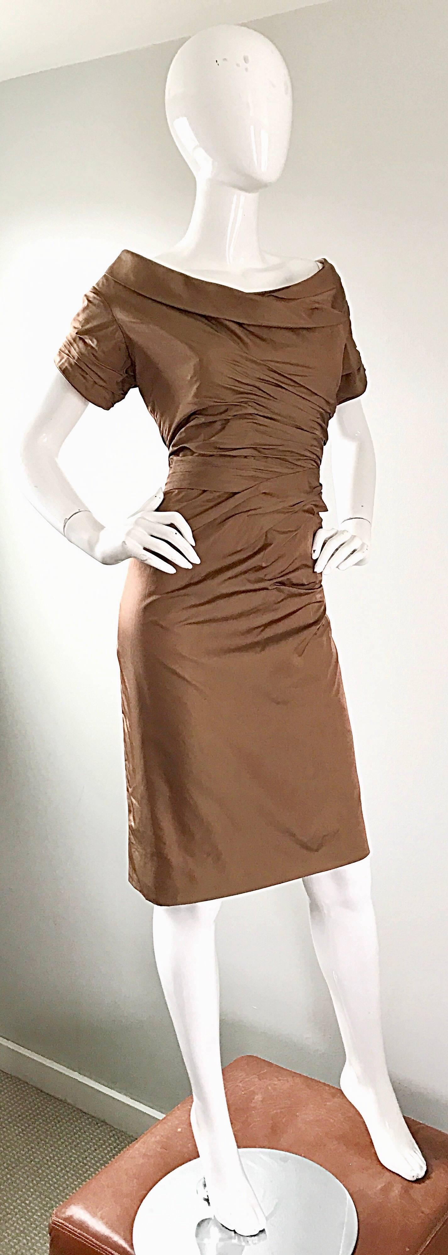 50s Ceil Chapman Plus Size Peanut Light Brown Silk Taffeta Vintage Wiggle Dress In Excellent Condition In San Diego, CA