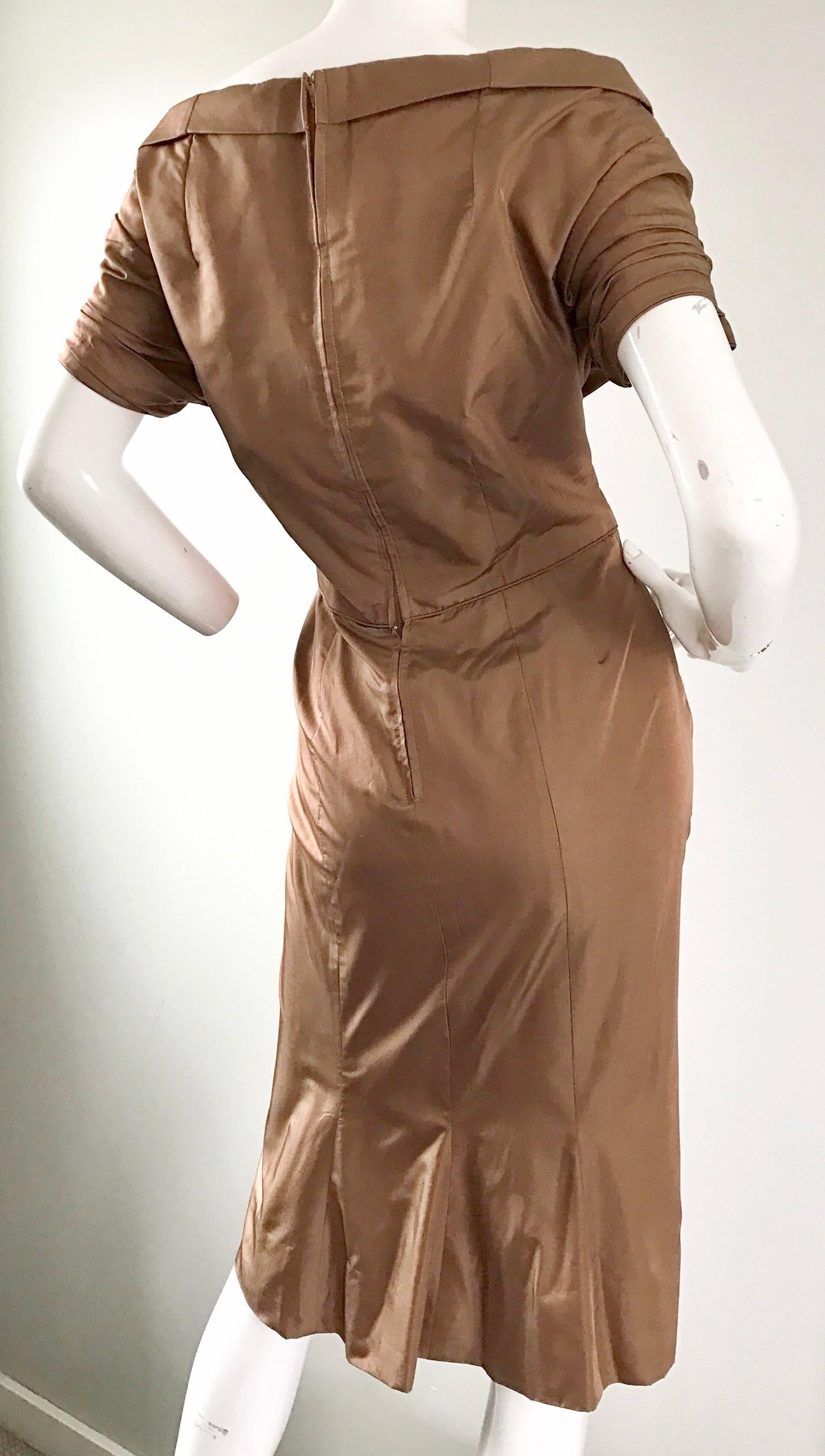 Women's 50s Ceil Chapman Plus Size Peanut Light Brown Silk Taffeta Vintage Wiggle Dress