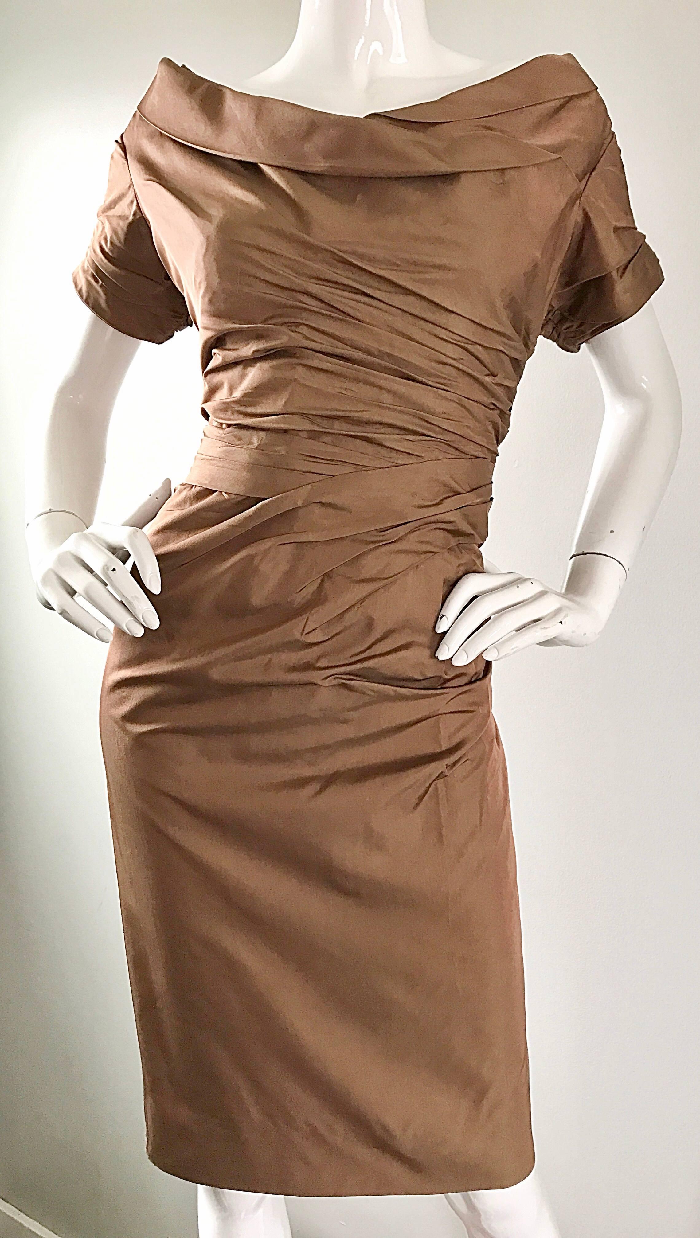 50s Ceil Chapman Plus Size Peanut Light Brown Silk Taffeta Vintage Wiggle Dress 1