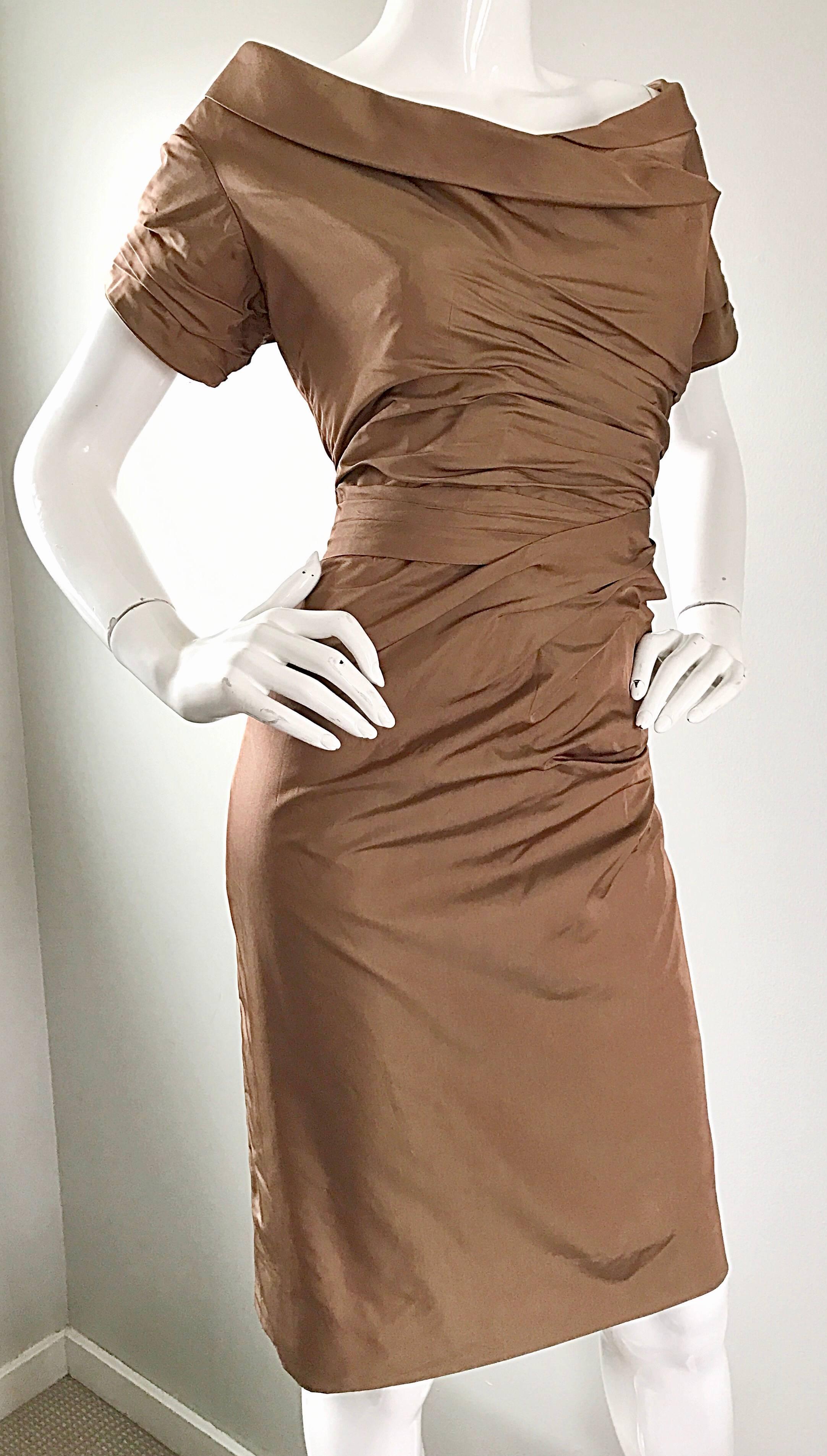 50s Ceil Chapman Plus Size Peanut Light Brown Silk Taffeta Vintage Wiggle Dress 2