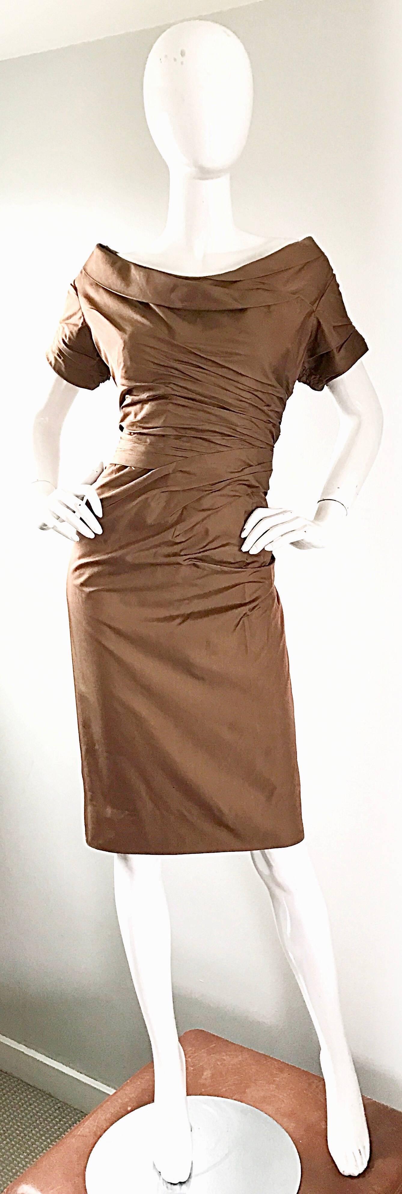 50s Ceil Chapman Plus Size Peanut Light Brown Silk Taffeta Vintage Wiggle Dress 3