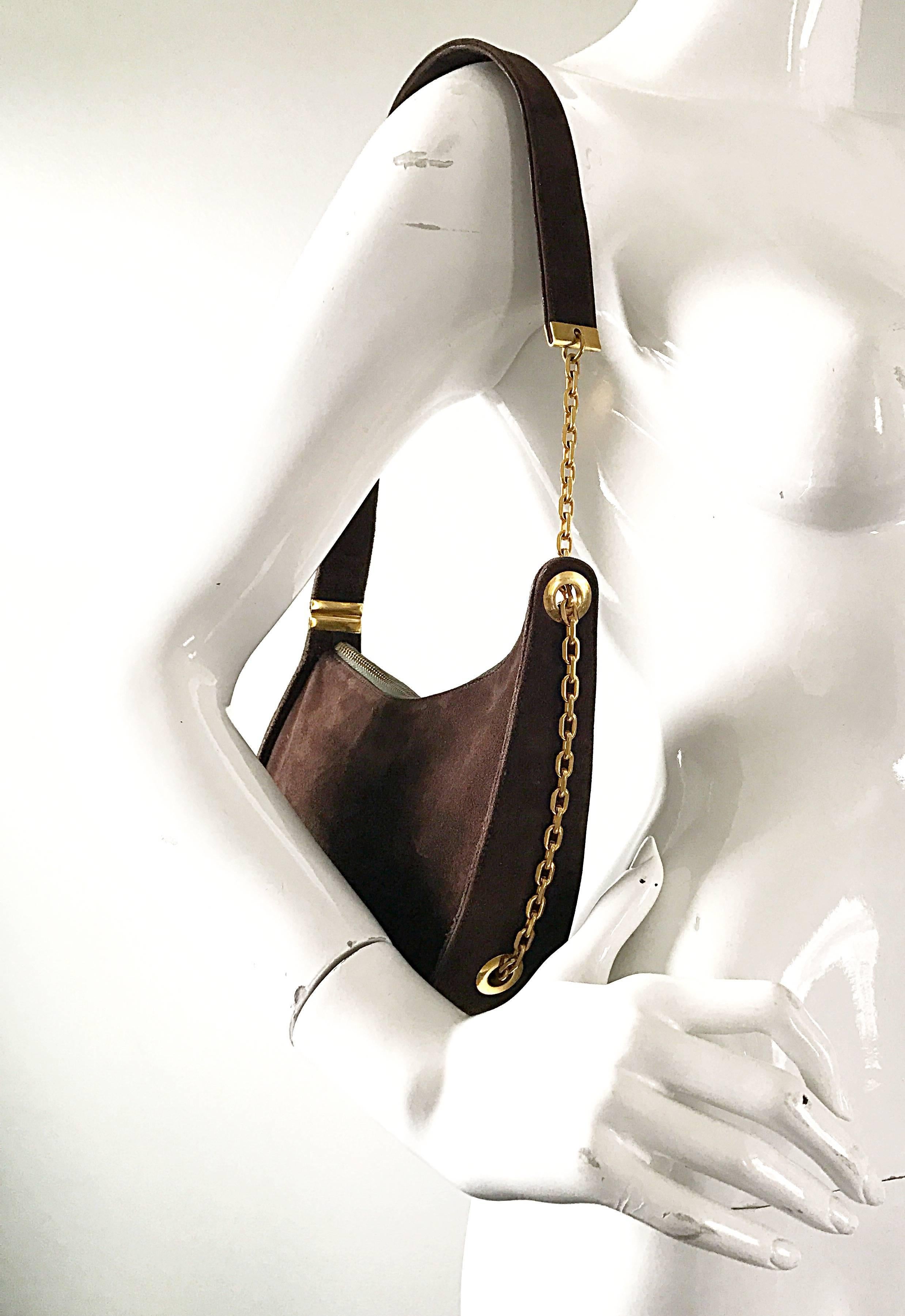 1950s Koret Chocolate Brown Suede Leather Avant Garde Handbag Gold Chain Purse In Excellent Condition In San Diego, CA