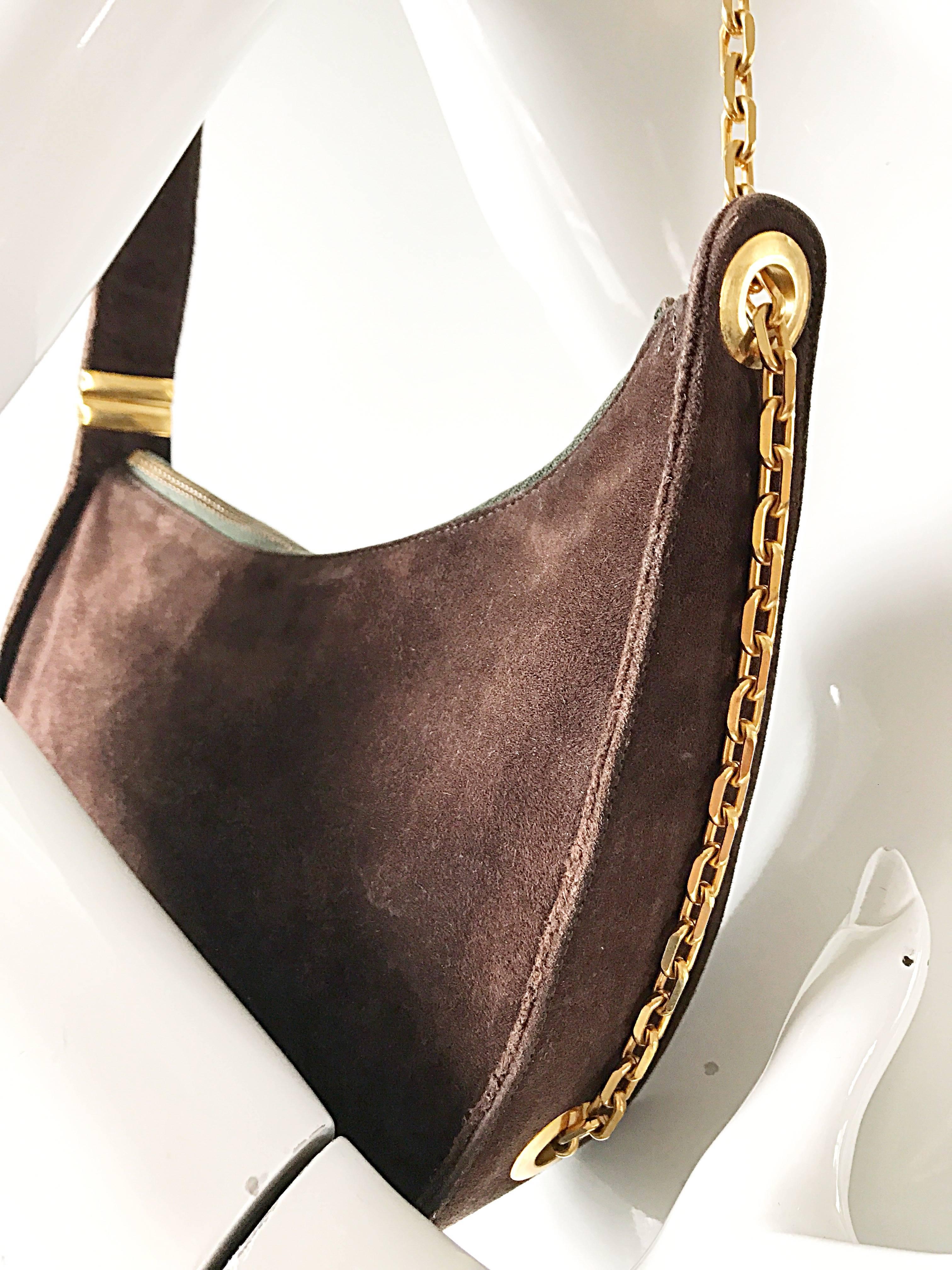 Women's 1950s Koret Chocolate Brown Suede Leather Avant Garde Handbag Gold Chain Purse