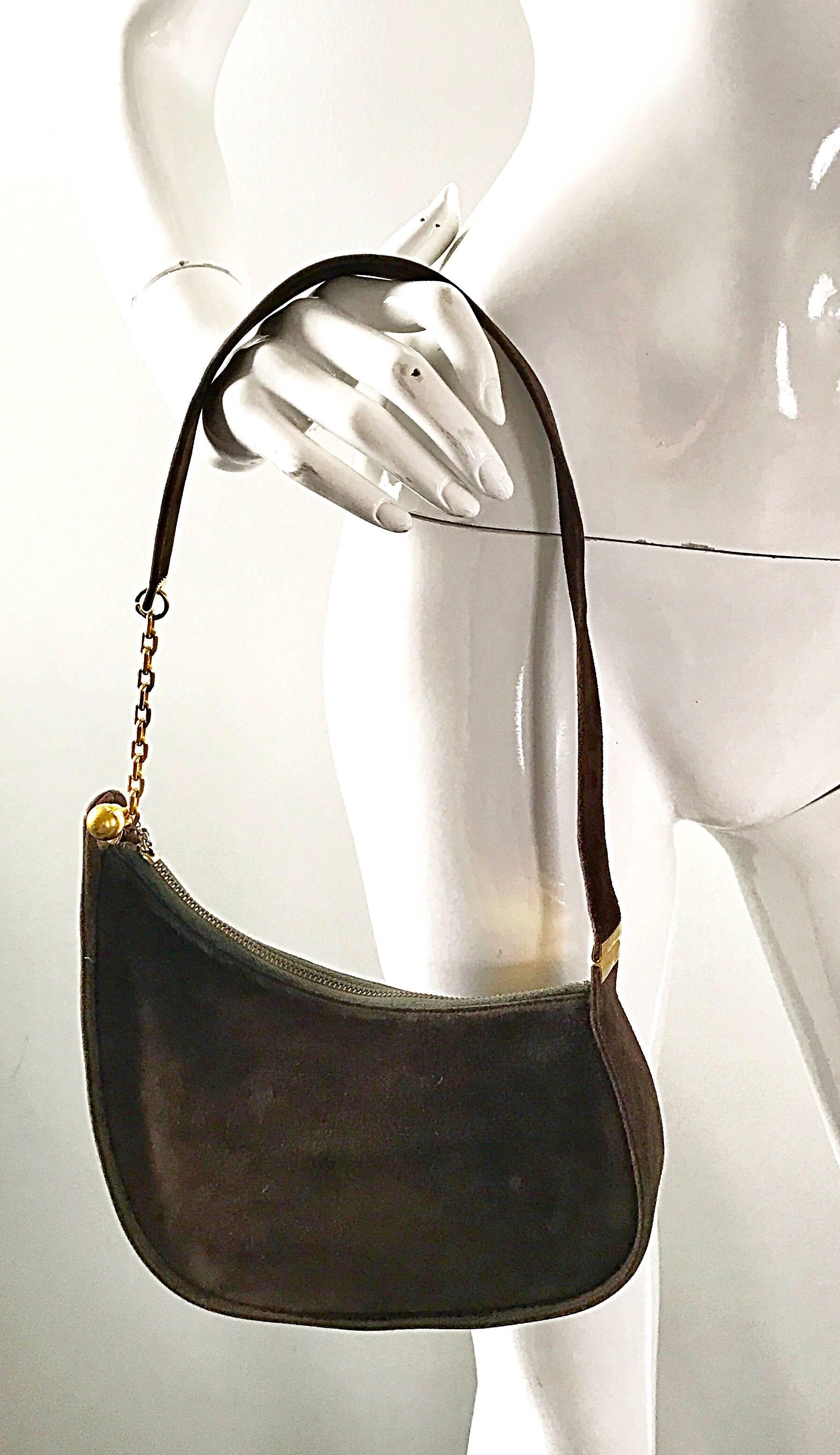 1950s Koret Chocolate Brown Suede Leather Avant Garde Handbag Gold Chain Purse 1