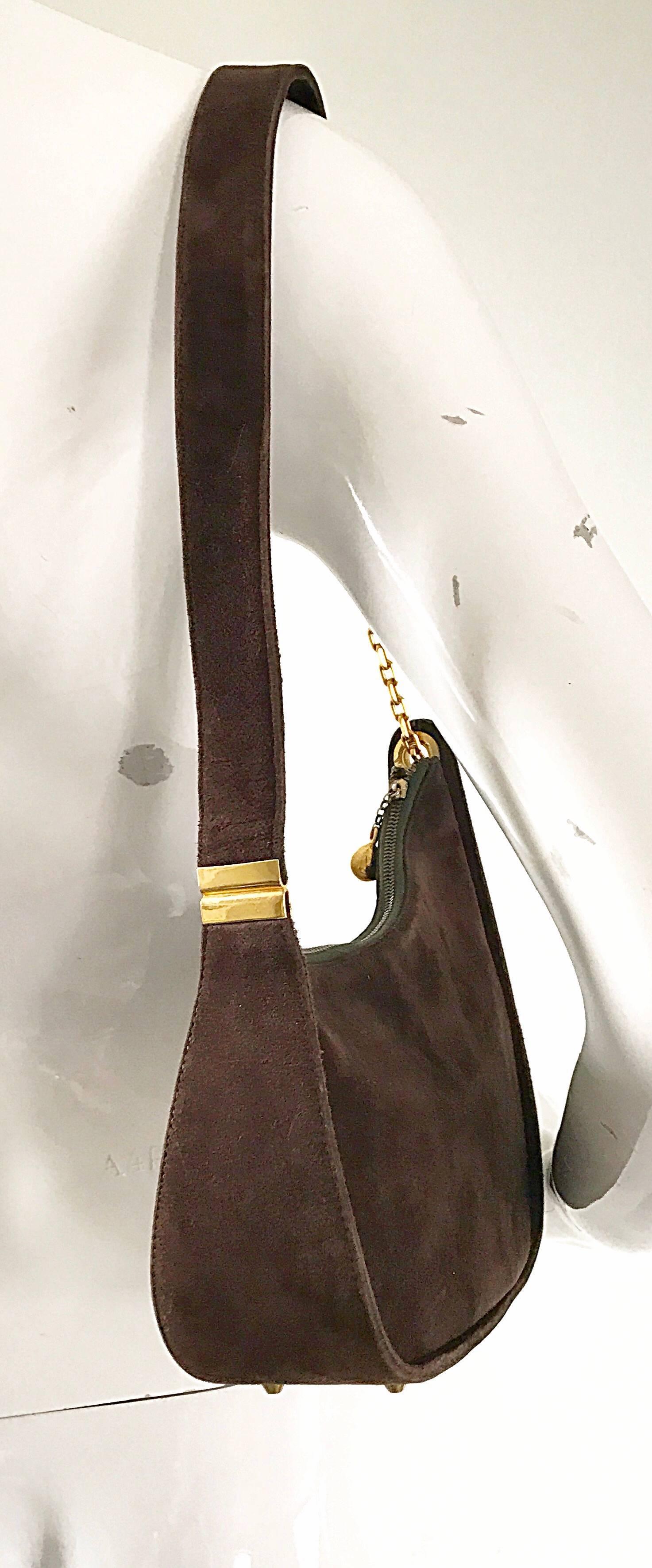 1950s Koret Chocolate Brown Suede Leather Avant Garde Handbag Gold Chain Purse 2