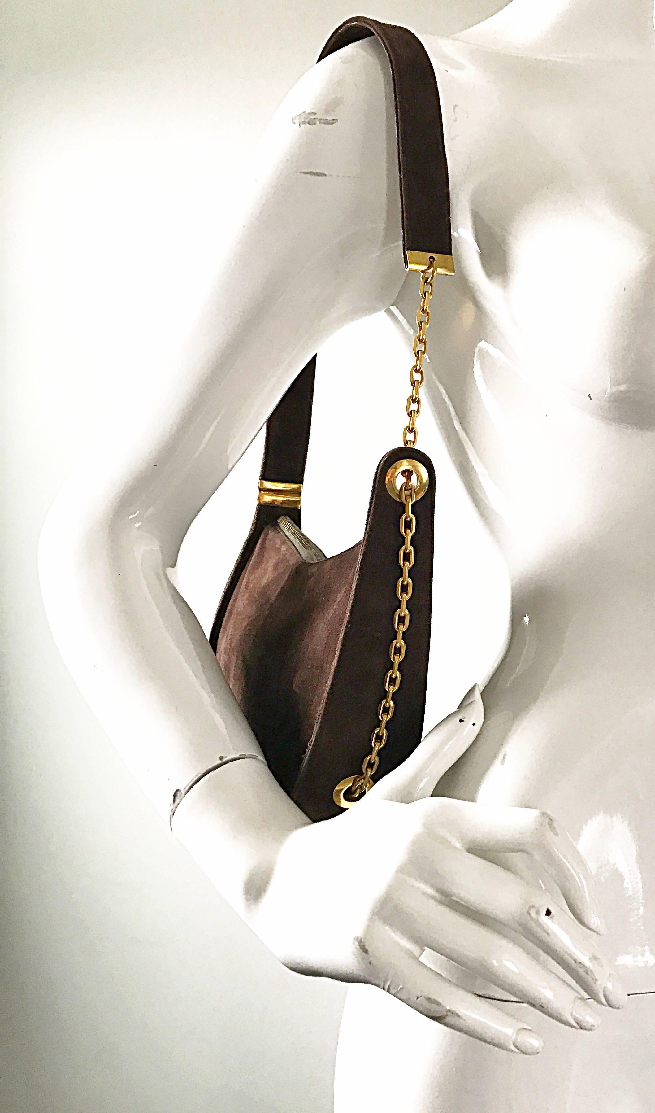 1950s Koret Chocolate Brown Suede Leather Avant Garde Handbag Gold Chain Purse 4