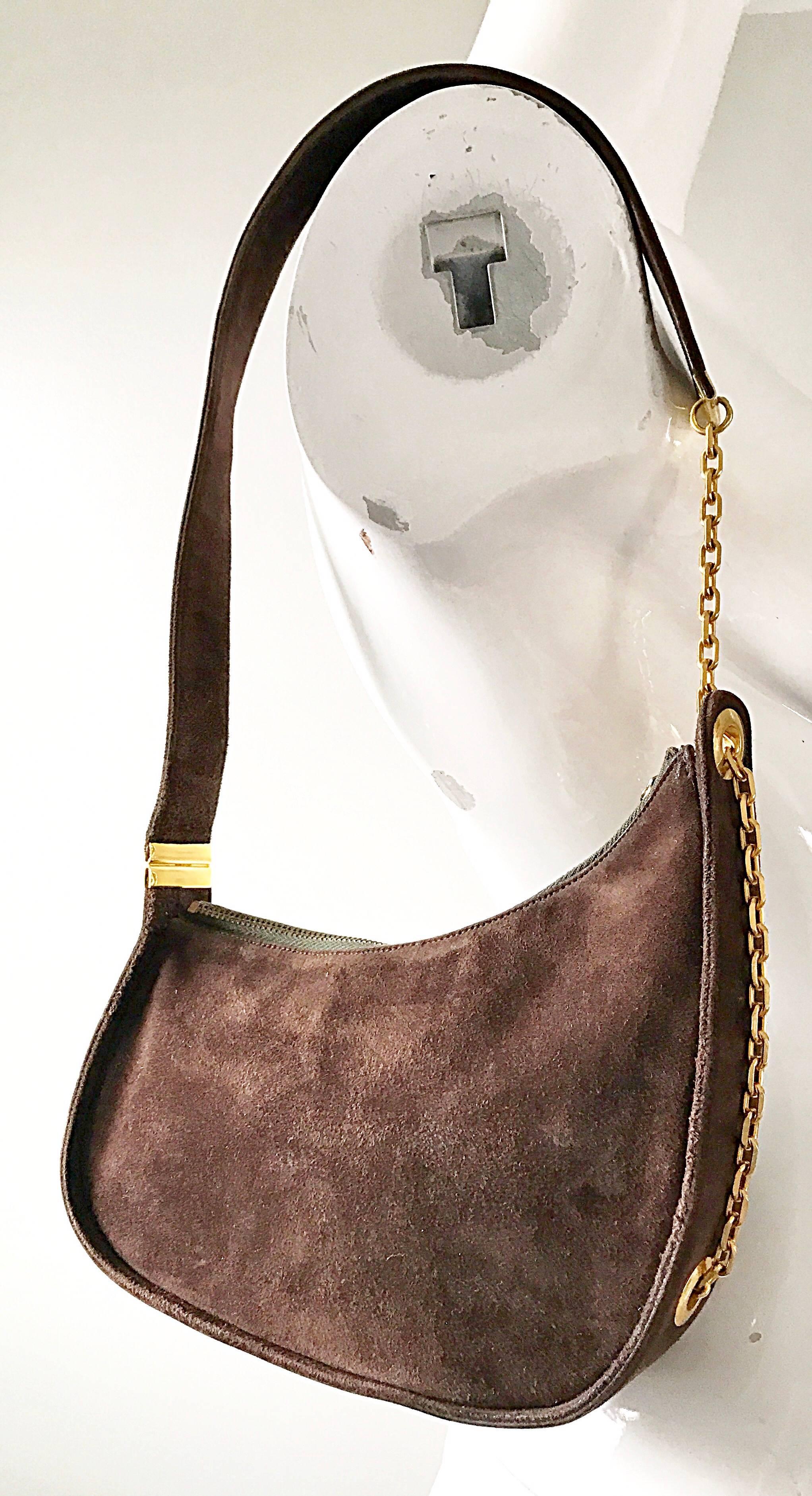 1950s Koret Chocolate Brown Suede Leather Avant Garde Handbag Gold Chain Purse 5