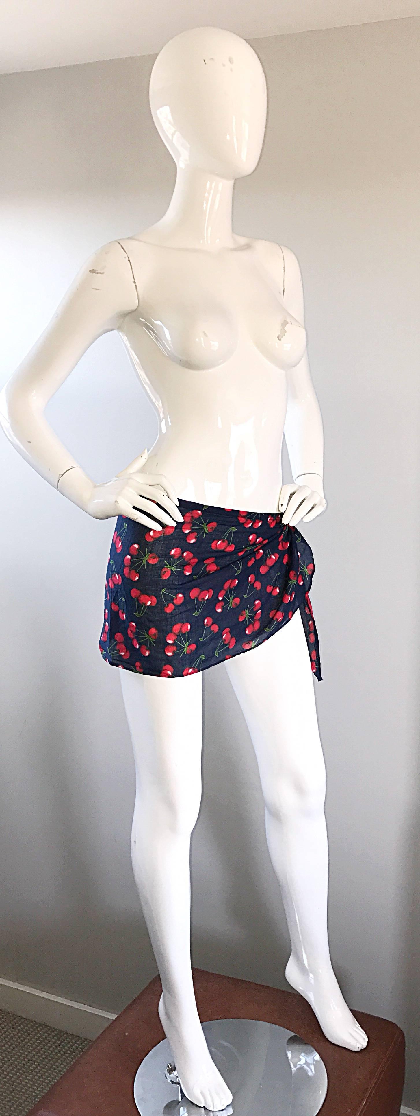 NWT 1990s Dolce and Gabbana Black and Red Cherry Print Swimsuit Cover Up Skirt In New Condition In San Diego, CA