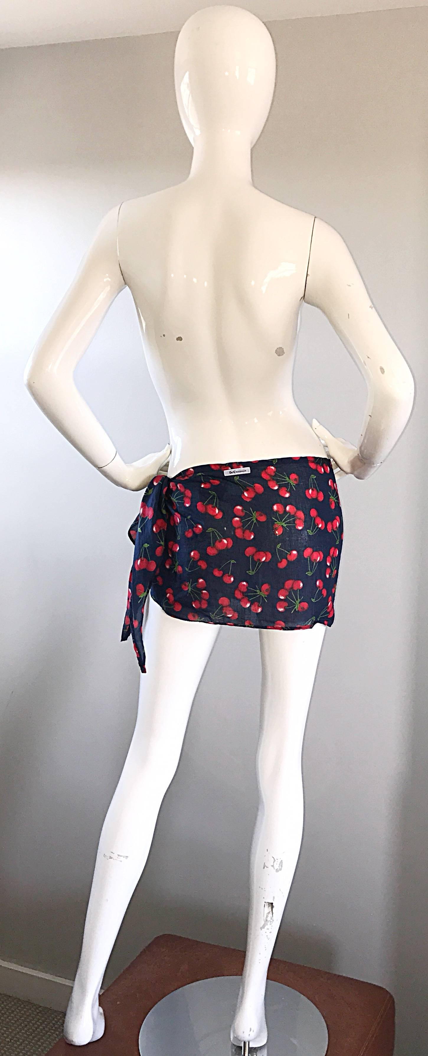 Women's NWT 1990s Dolce and Gabbana Black and Red Cherry Print Swimsuit Cover Up Skirt