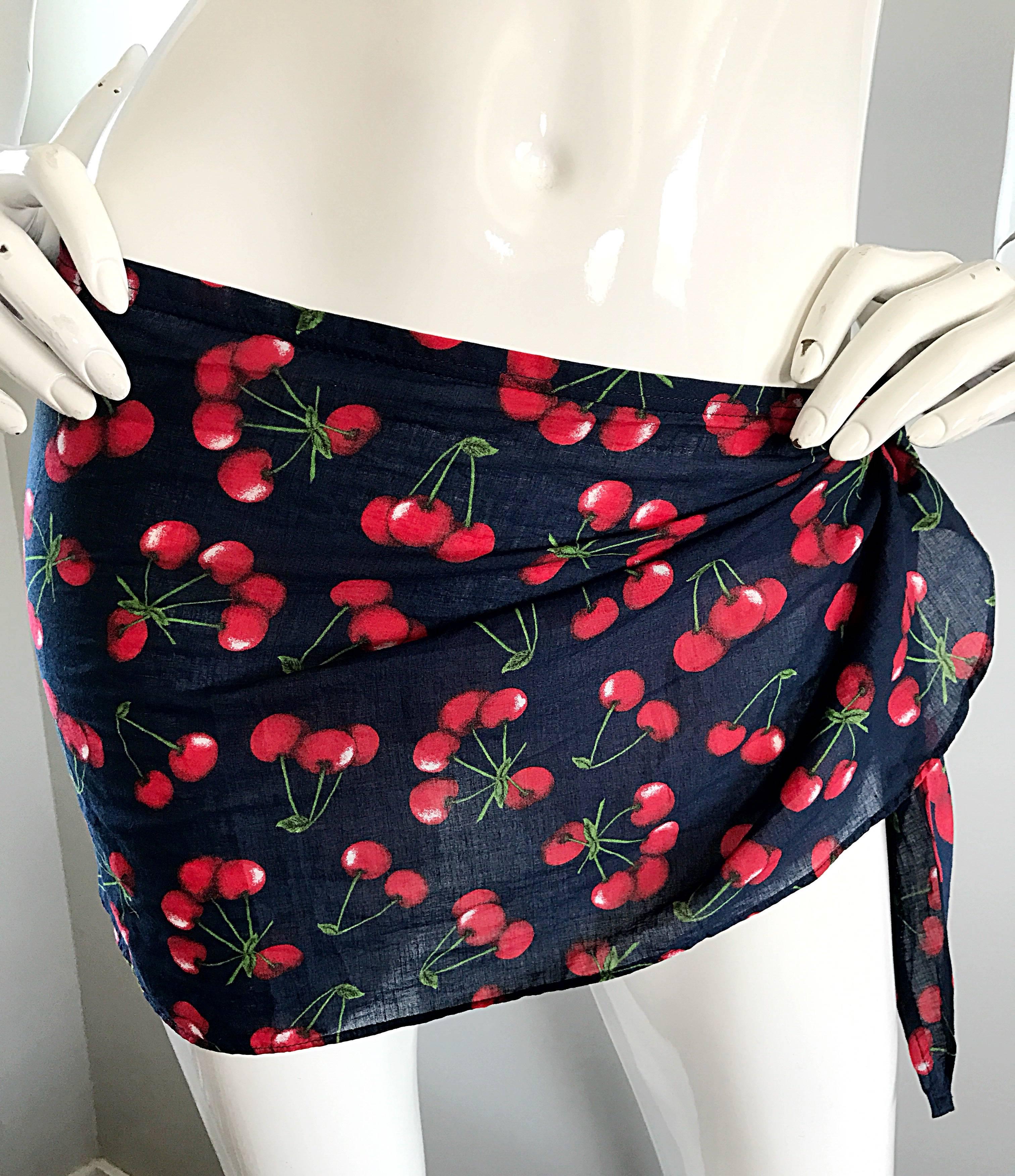 NWT 1990s Dolce and Gabbana Black and Red Cherry Print Swimsuit Cover Up Skirt 1