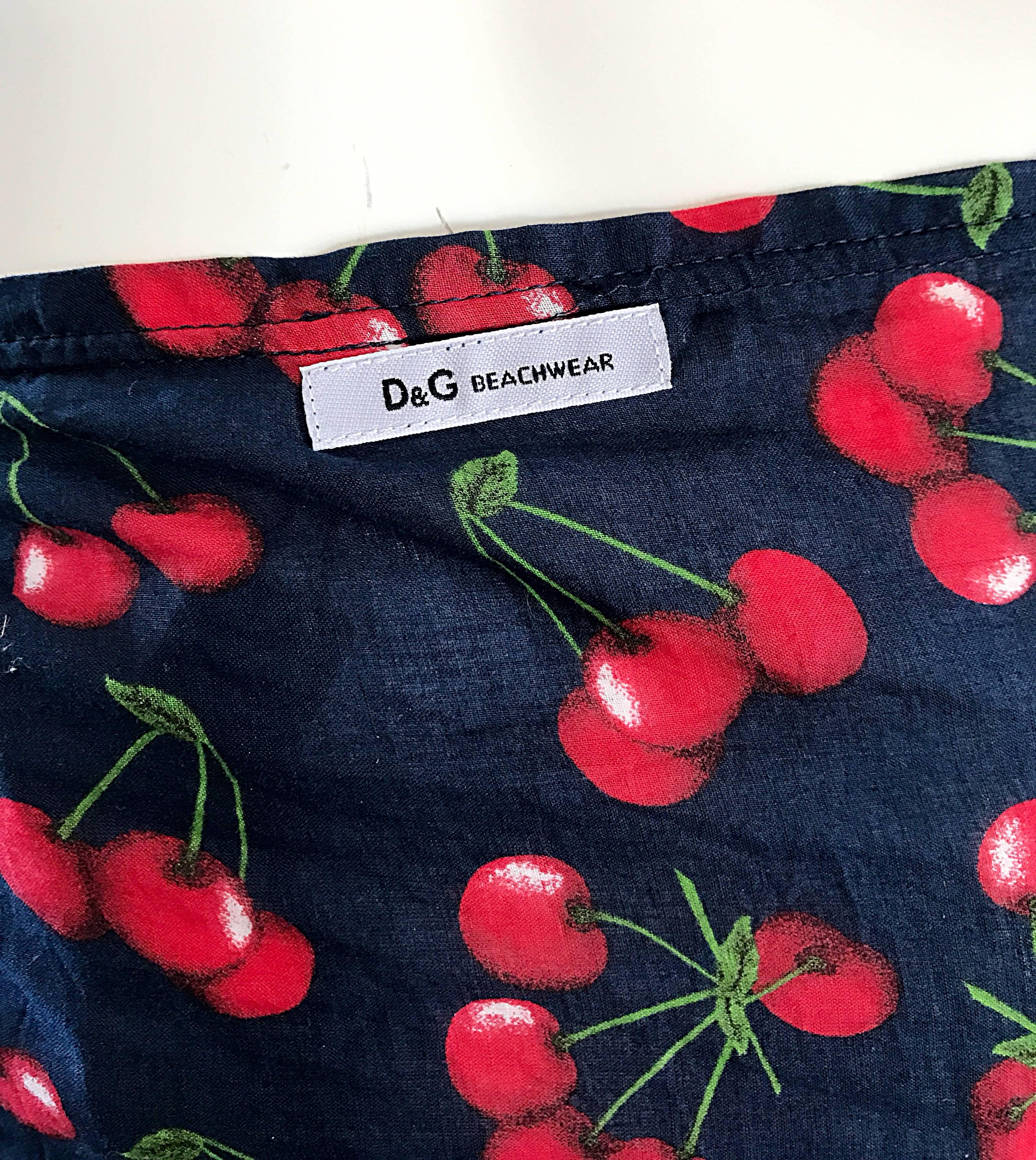 NWT 1990s Dolce and Gabbana Black and Red Cherry Print Swimsuit Cover Up Skirt 2