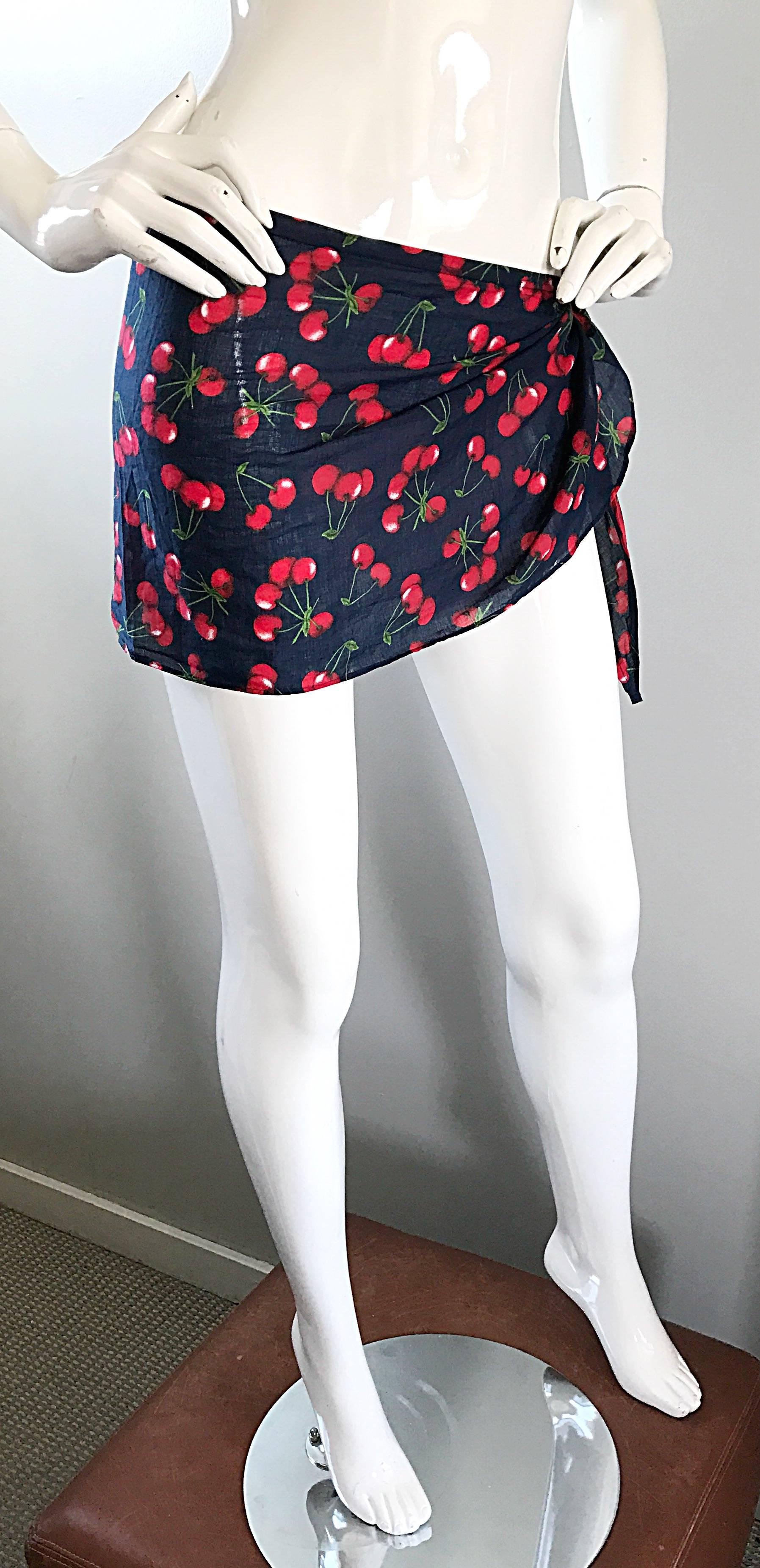 NWT 1990s Dolce and Gabbana Black and Red Cherry Print Swimsuit Cover Up Skirt 3