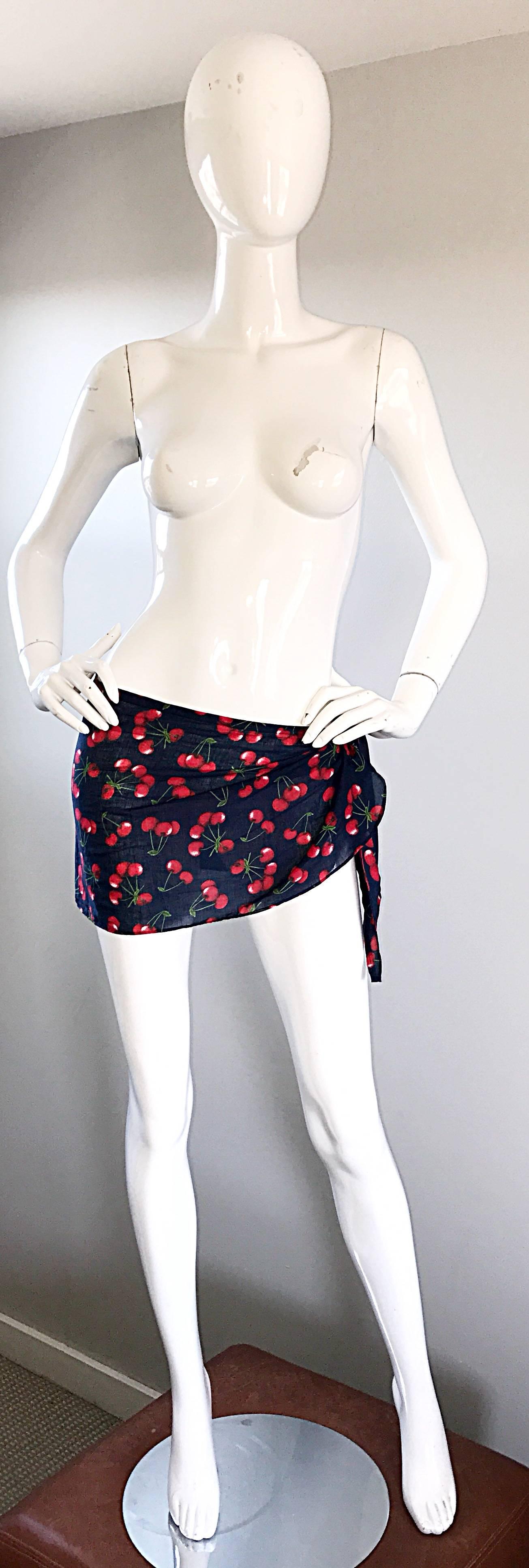 NWT 1990s Dolce and Gabbana Black and Red Cherry Print Swimsuit Cover Up Skirt 4