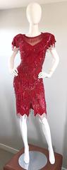 Incredible Lipstick Red Silk Sequin Beaded Flapper Style Vintage Cocktail Dress