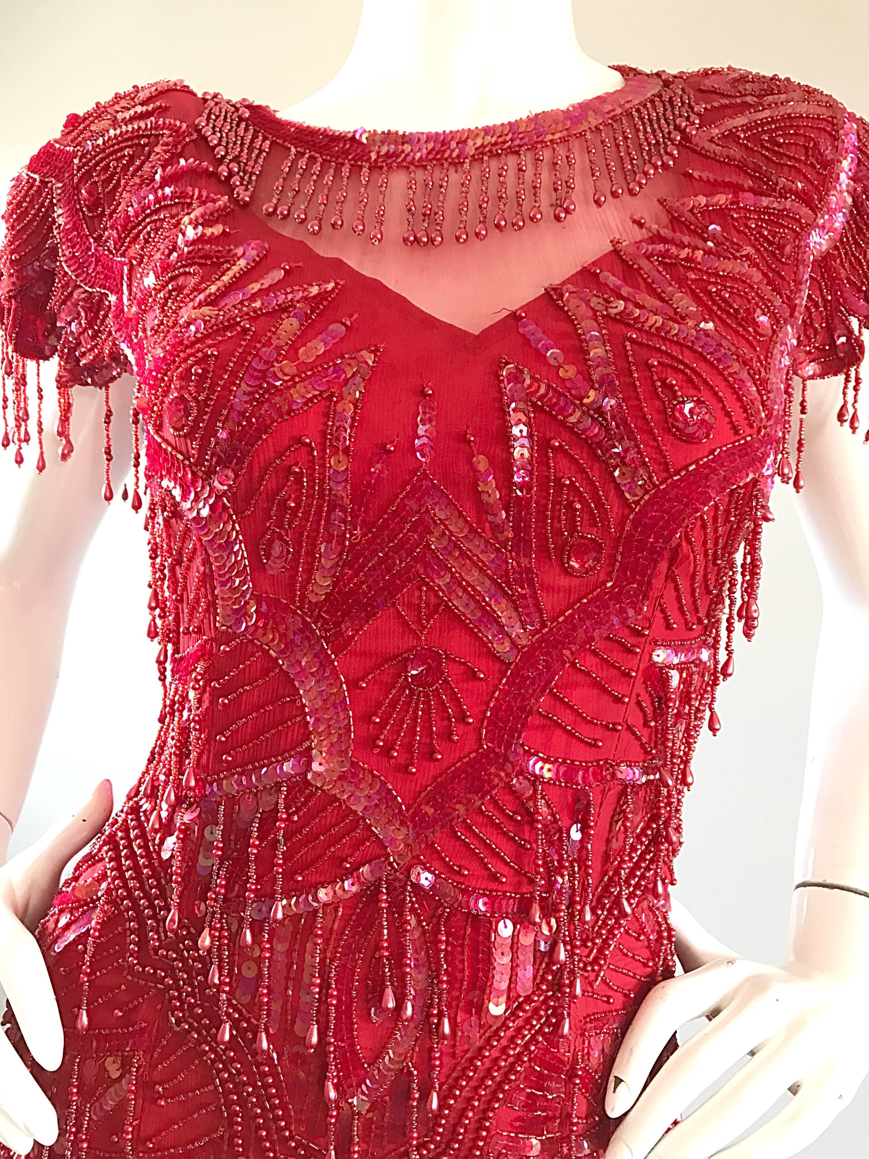 Incredible Lipstick Red Silk Sequin Beaded Flapper Style Vintage Cocktail Dress In Excellent Condition In San Diego, CA