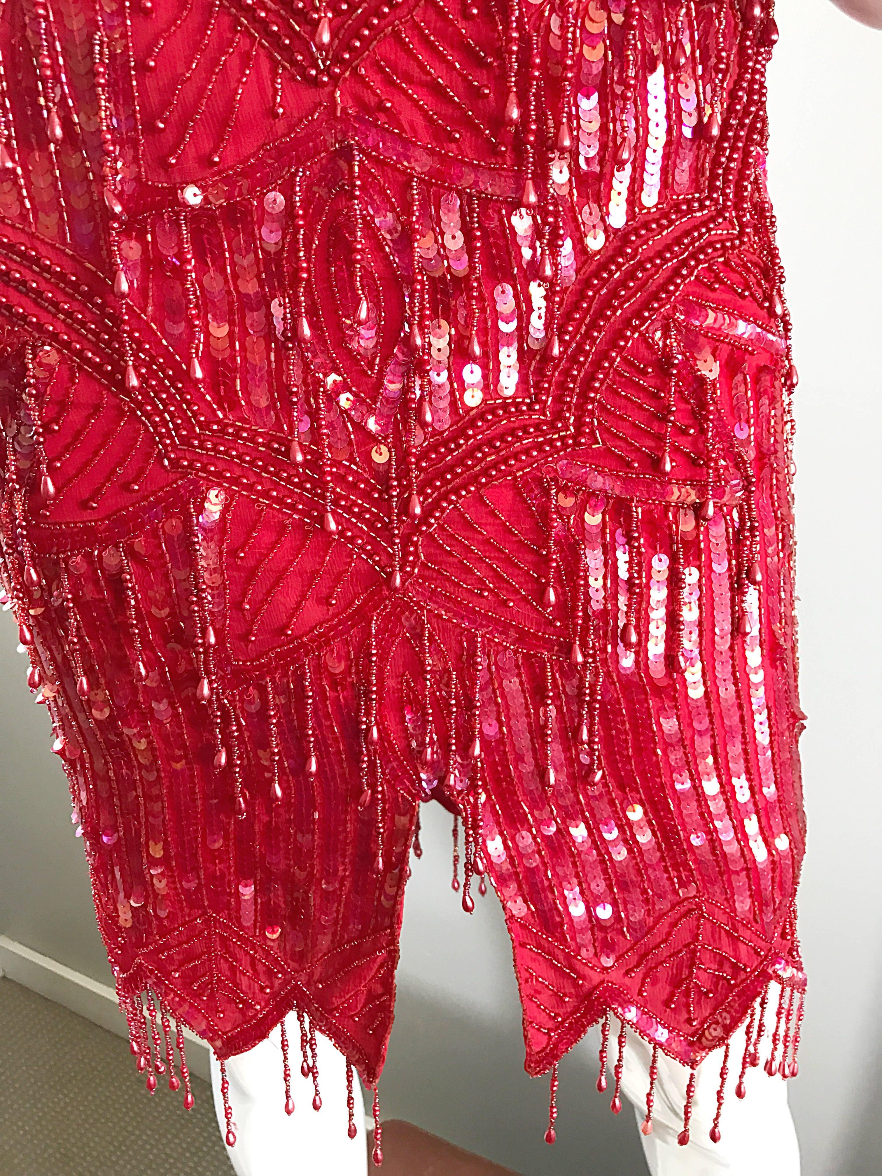 Women's Incredible Lipstick Red Silk Sequin Beaded Flapper Style Vintage Cocktail Dress