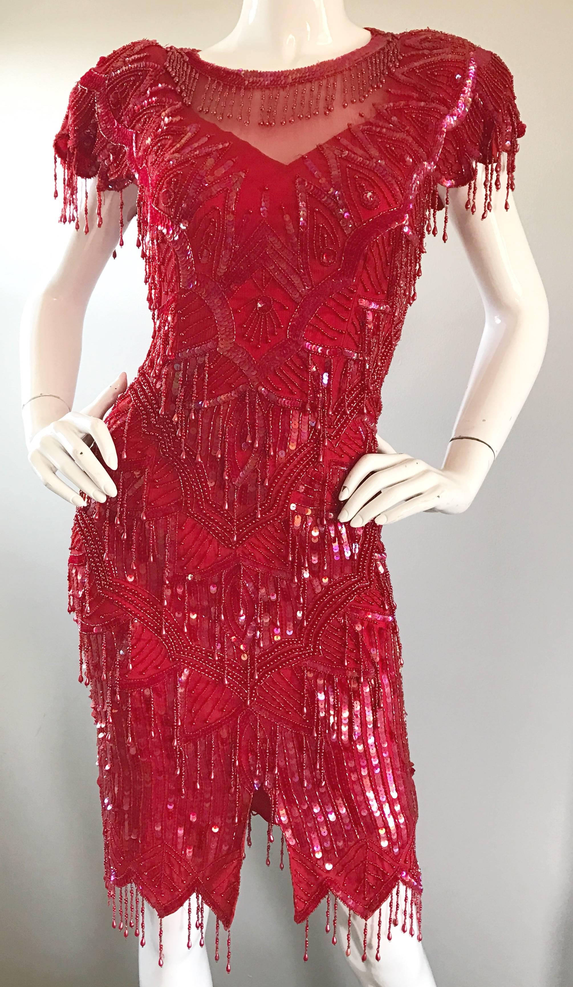 Incredible Lipstick Red Silk Sequin Beaded Flapper Style Vintage Cocktail Dress 1