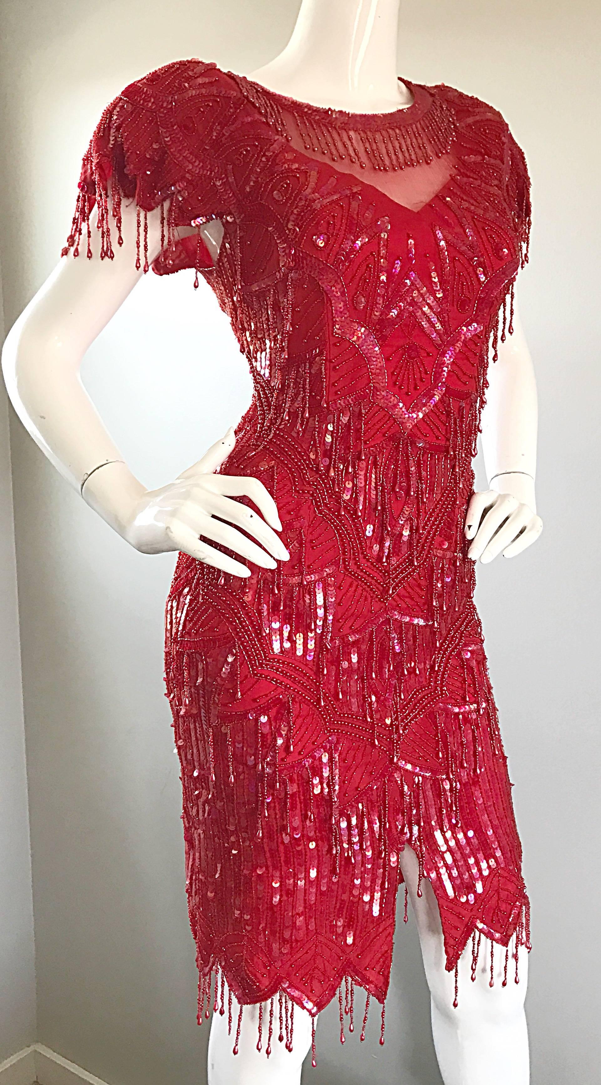 Incredible Lipstick Red Silk Sequin Beaded Flapper Style Vintage Cocktail Dress 3