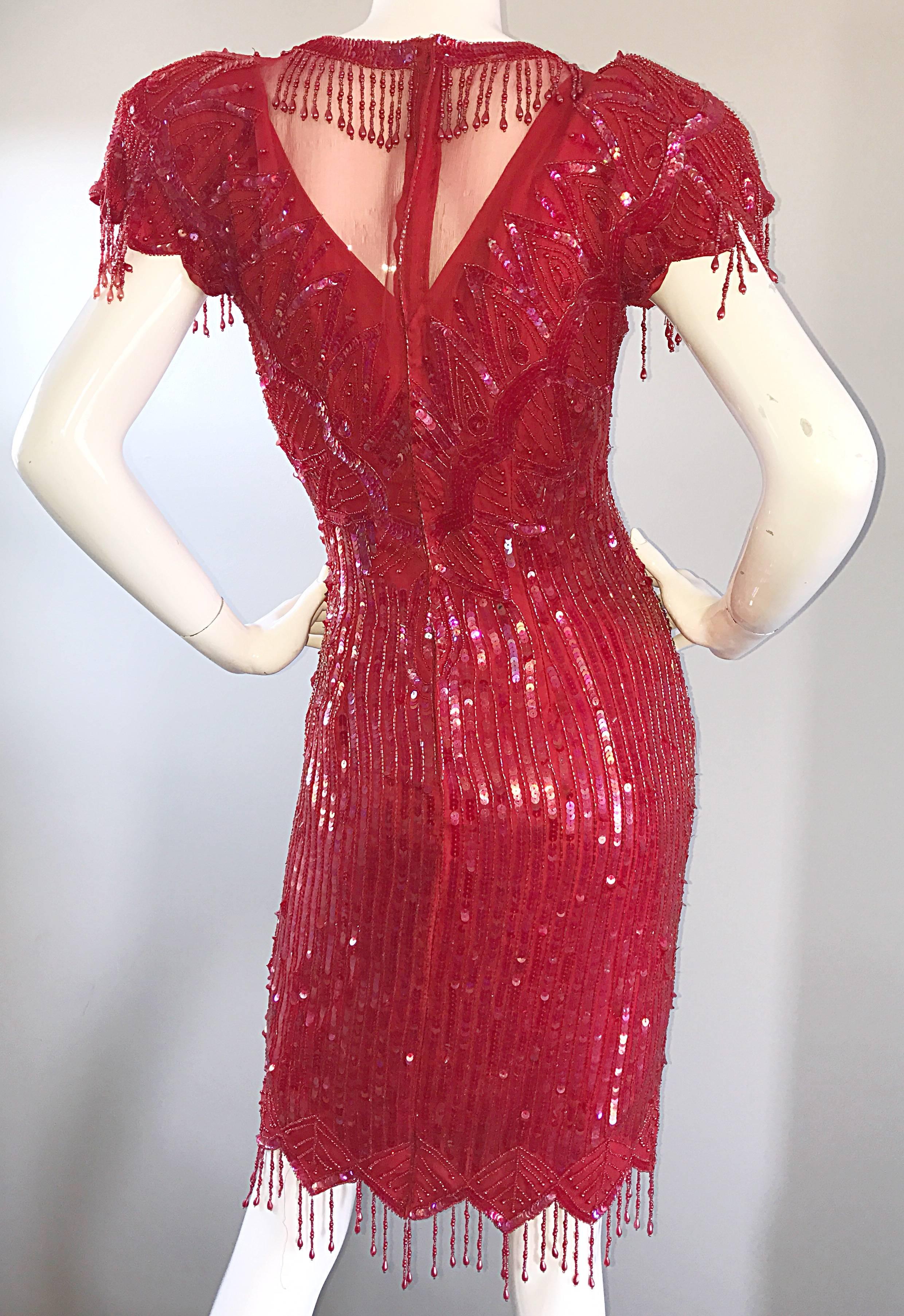 Incredible Lipstick Red Silk Sequin Beaded Flapper Style Vintage Cocktail Dress 4