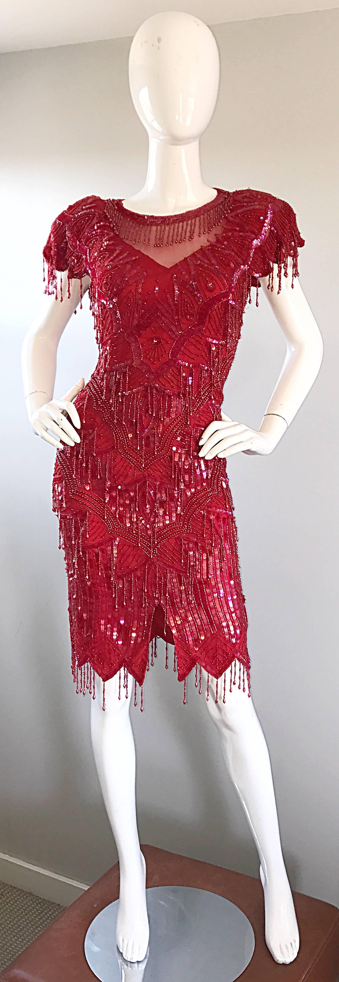 Incredible Lipstick Red Silk Sequin Beaded Flapper Style Vintage Cocktail Dress 5