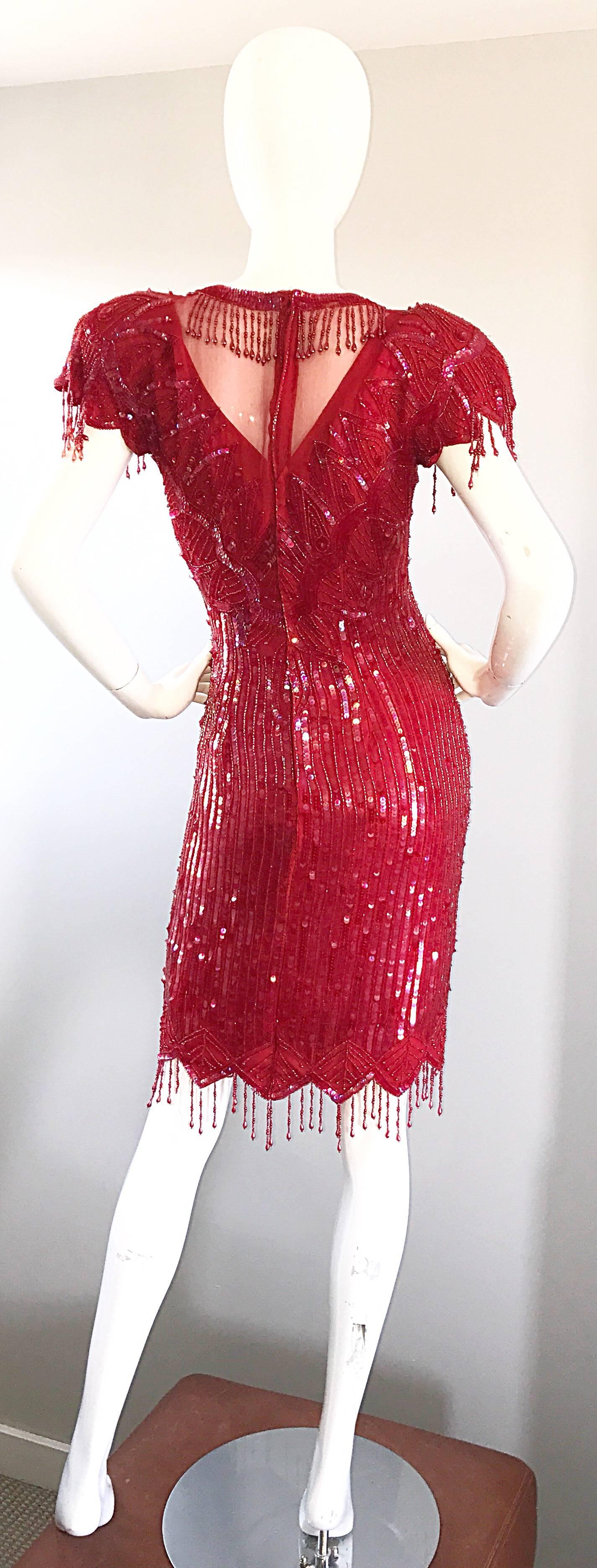 Incredible Lipstick Red Silk Sequin Beaded Flapper Style Vintage Cocktail Dress 2