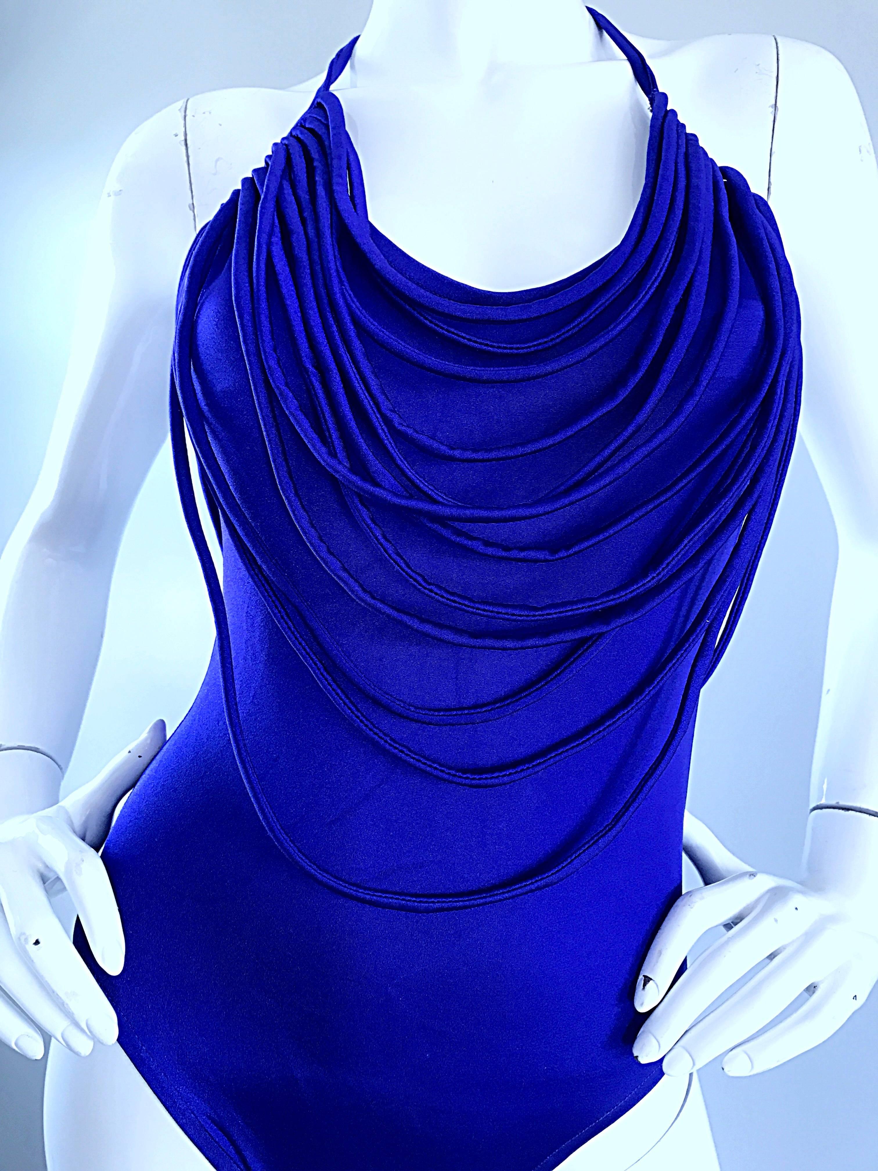 Amazing Vintage Bill Blass Royal Blue Avant Garde One Piece Swimsuit Bodysuit For Sale 1