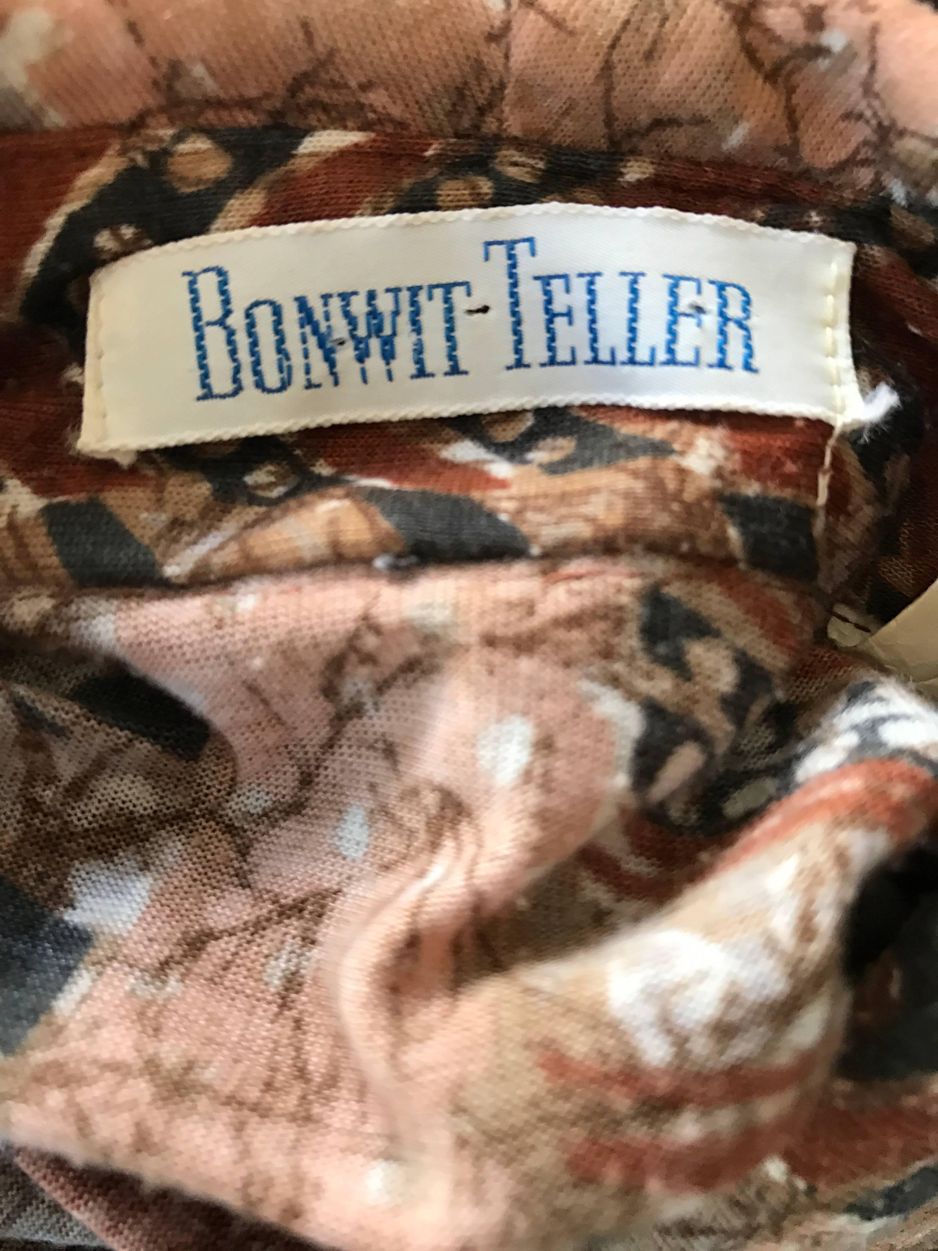 Bonwit Teller 1970s Batik Print Belted Cotton 70s Vintage Brown Safari Dress  For Sale 5