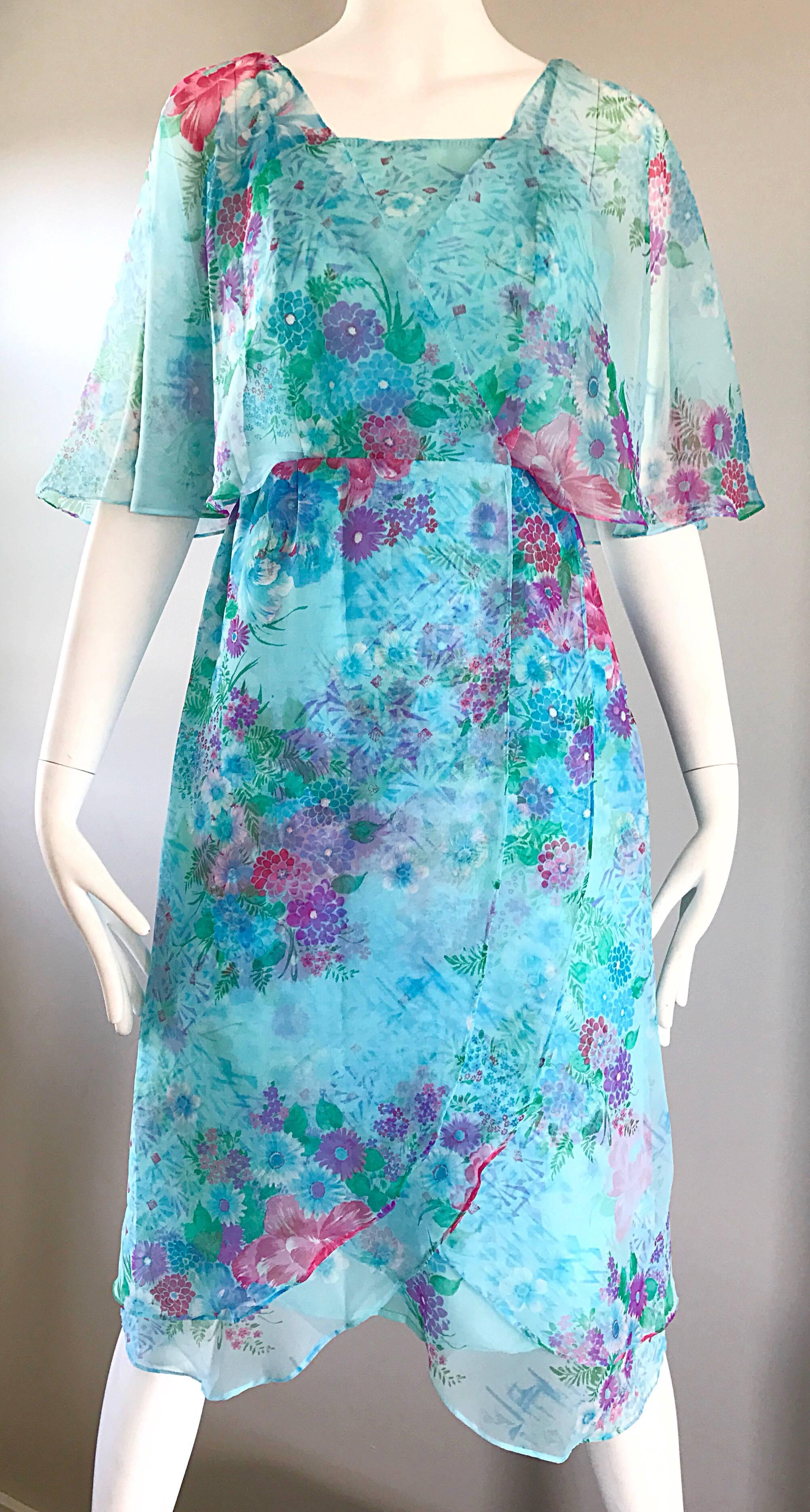 Beautiful 1970s Jane Andres for Gumps Chiffon Vintage 70s Boho Chic Dress For Sale 1