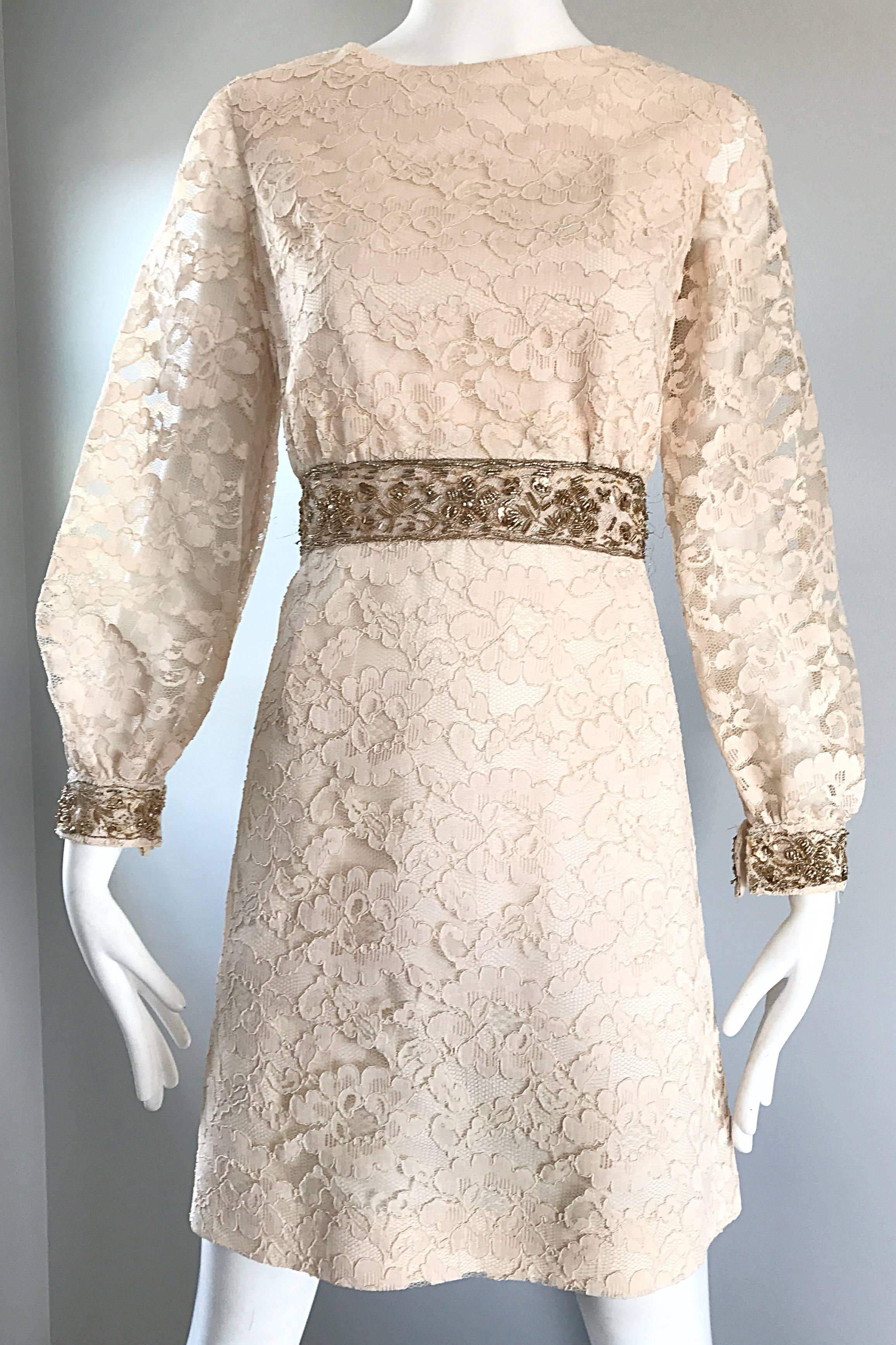 1960s Ivory and Gold Lace + Sequins Mod Vintage A - Line 60s Babydoll Dress In Excellent Condition For Sale In San Diego, CA