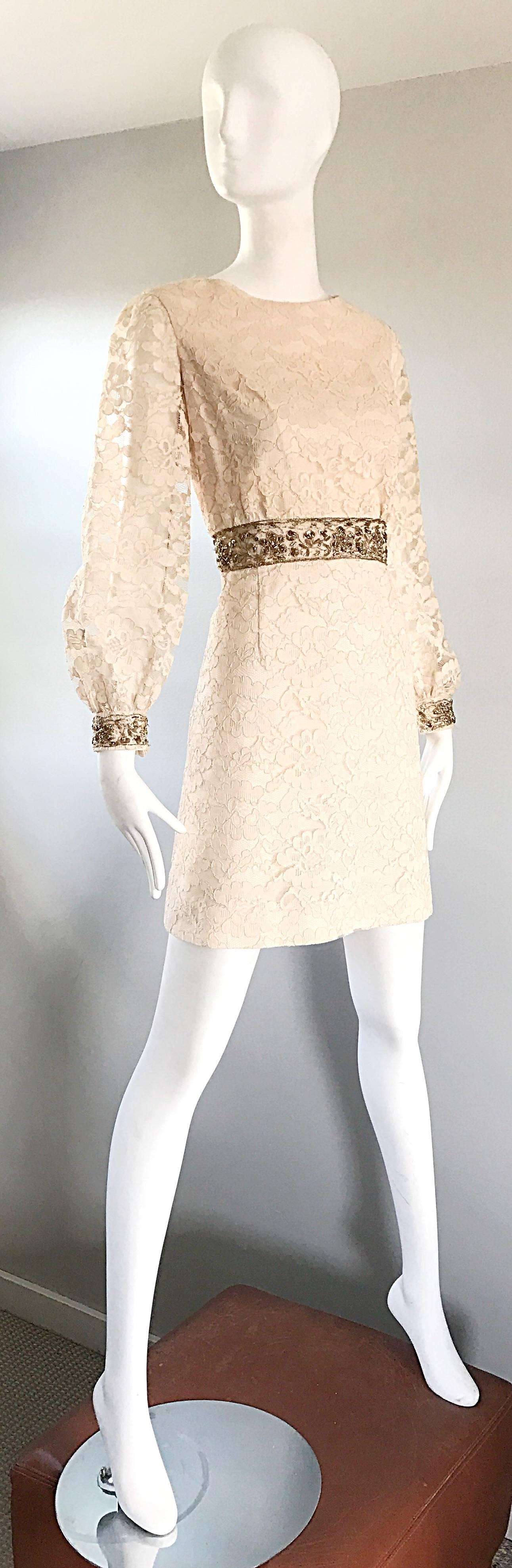 Women's 1960s Ivory and Gold Lace + Sequins Mod Vintage A - Line 60s Babydoll Dress For Sale