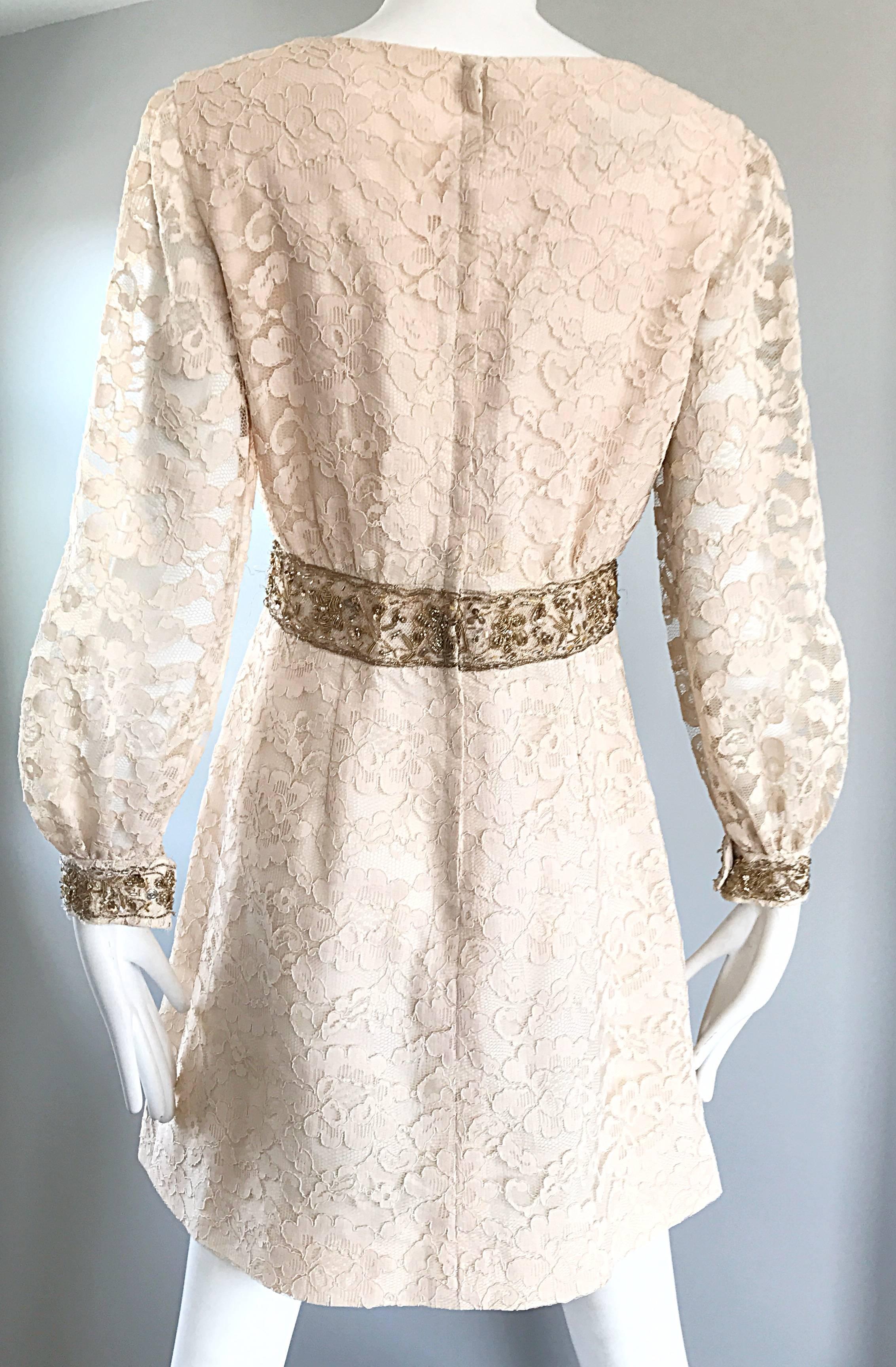 1960s Ivory and Gold Lace + Sequins Mod Vintage A - Line 60s Babydoll Dress For Sale 1