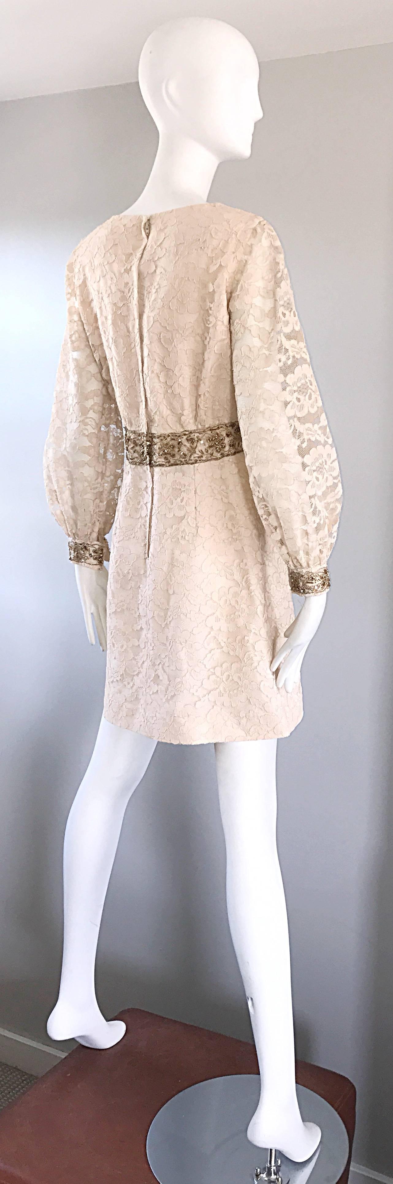 1960s Ivory and Gold Lace + Sequins Mod Vintage A - Line 60s Babydoll Dress For Sale 2