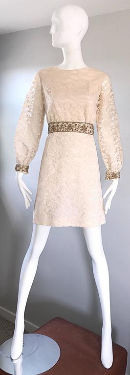 1960s Ivory And Gold Lace + Sequins Mod Vintage A - Line 60s Babydoll Dress