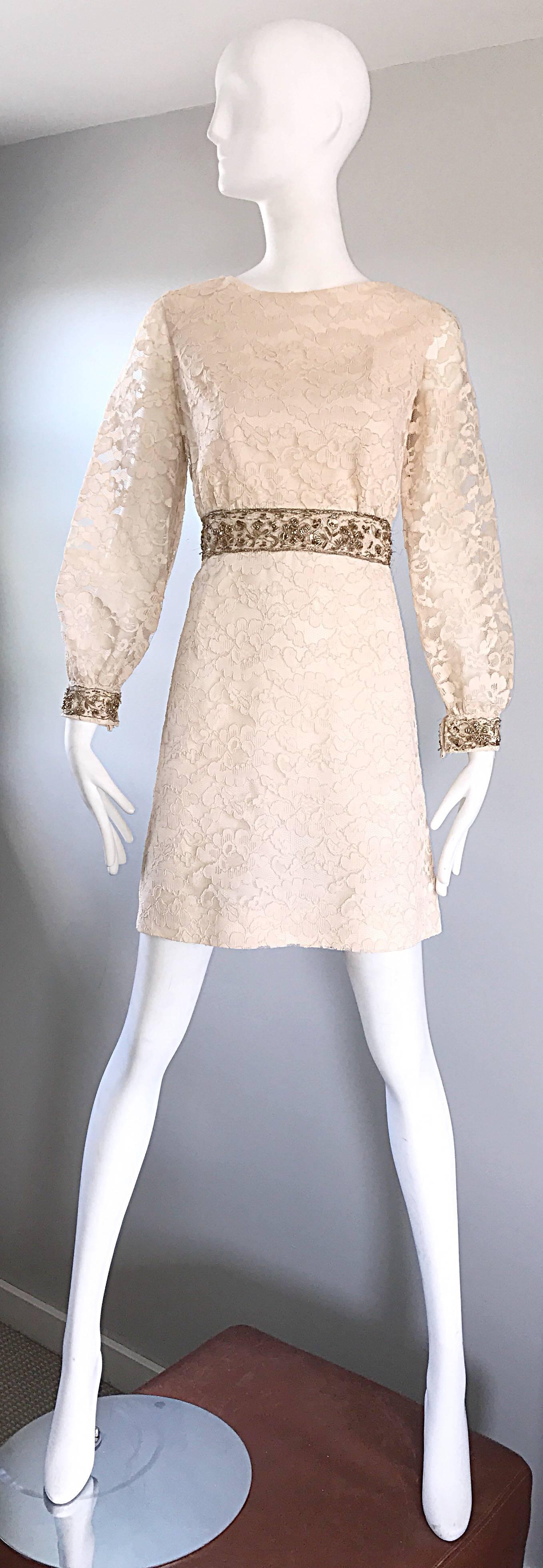 1960s Ivory and Gold Lace + Sequins Mod Vintage A - Line 60s Babydoll Dress For Sale 3