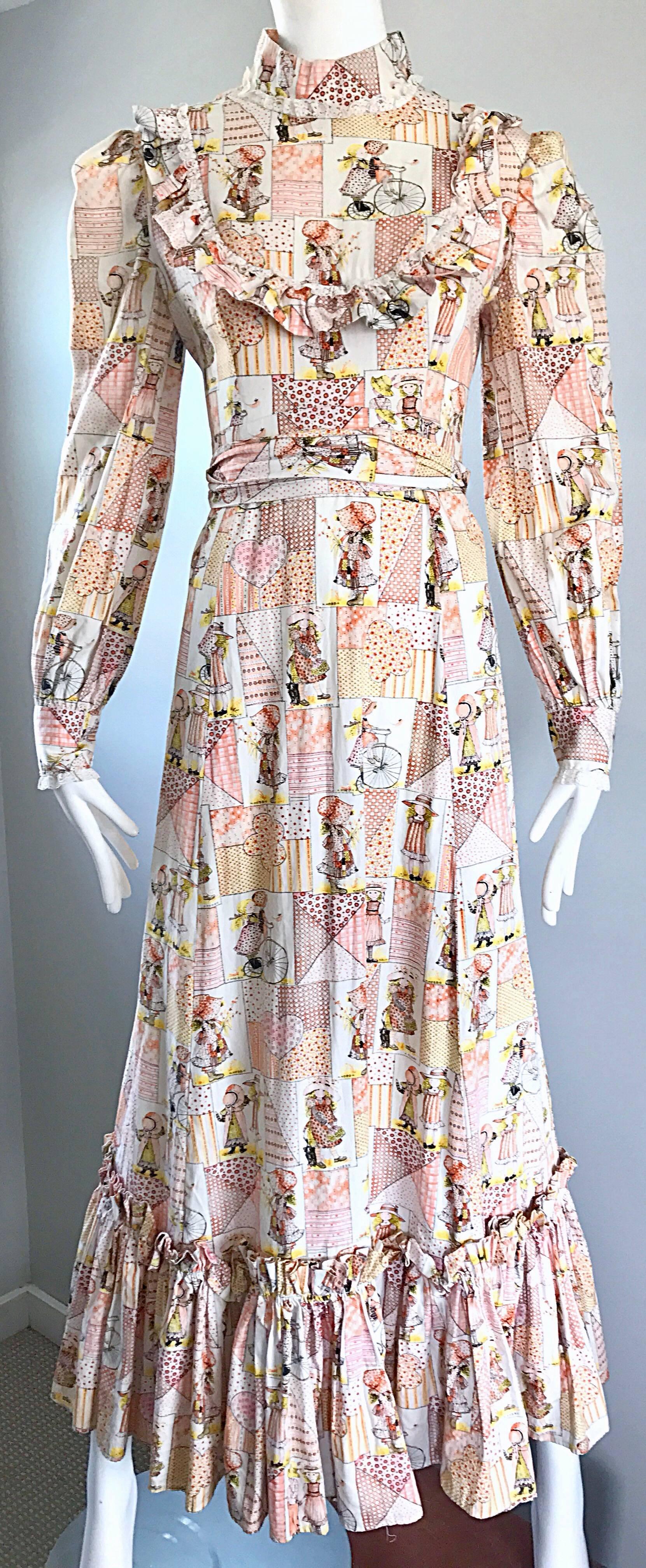Beige 1970s Holly Hobbie Novelty Print Victorian Inspired Cotton Vintage Maxi Dress