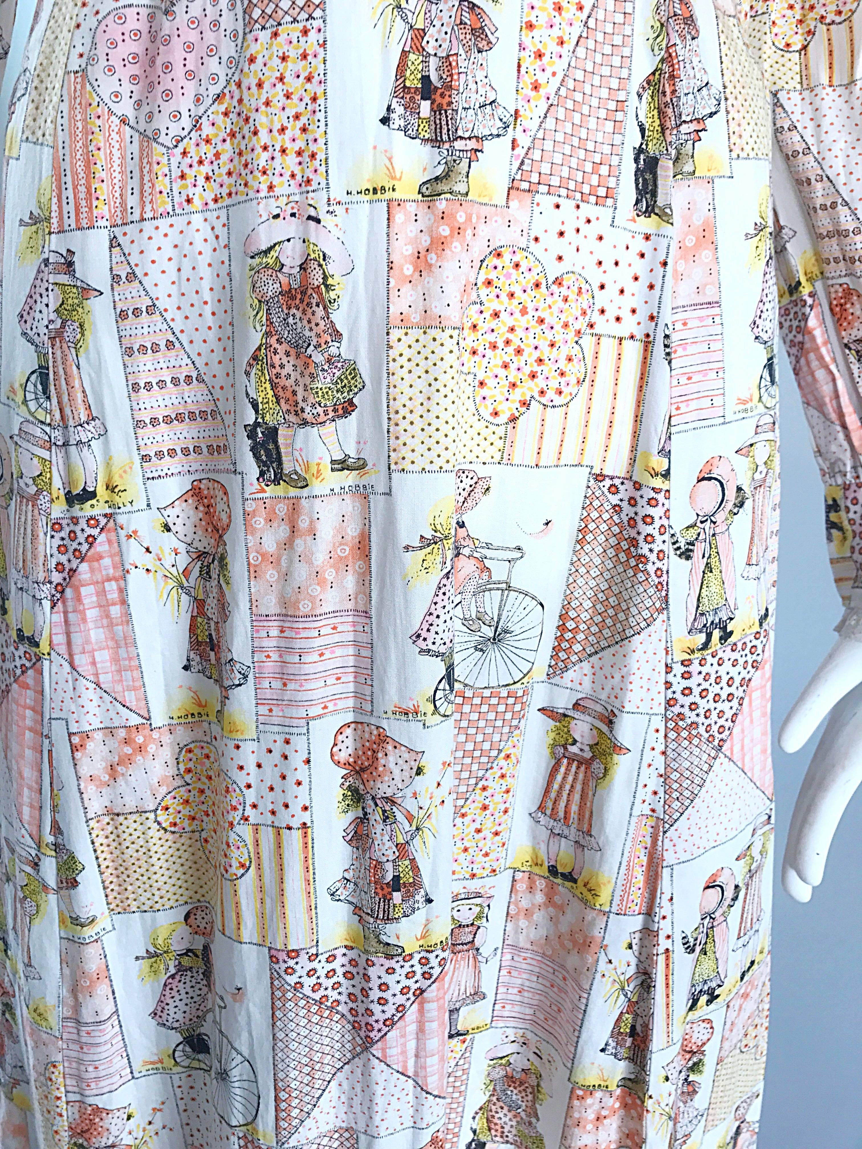 1970s Holly Hobbie Novelty Print Victorian Inspired Cotton Vintage Maxi Dress In Excellent Condition In San Diego, CA