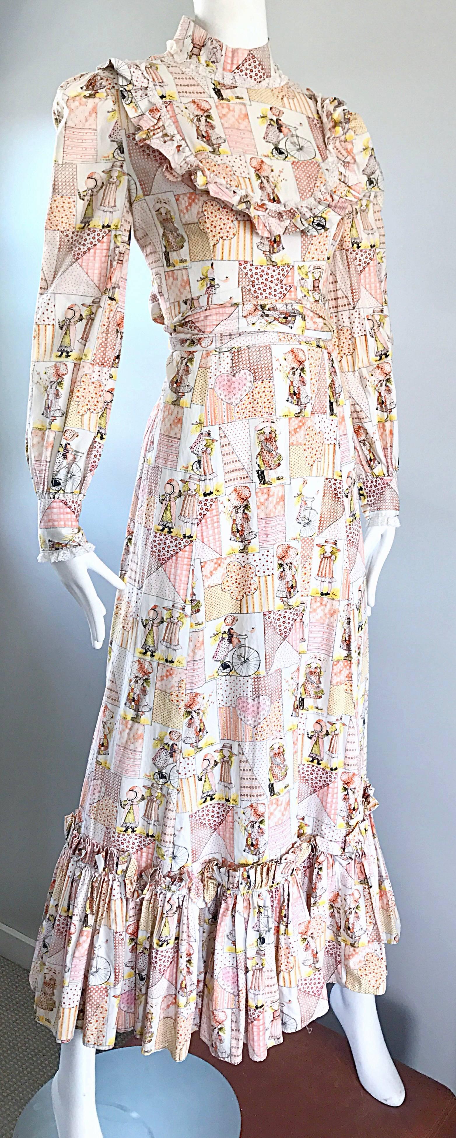 1970s Holly Hobbie Novelty Print Victorian Inspired Cotton Vintage Maxi Dress 1