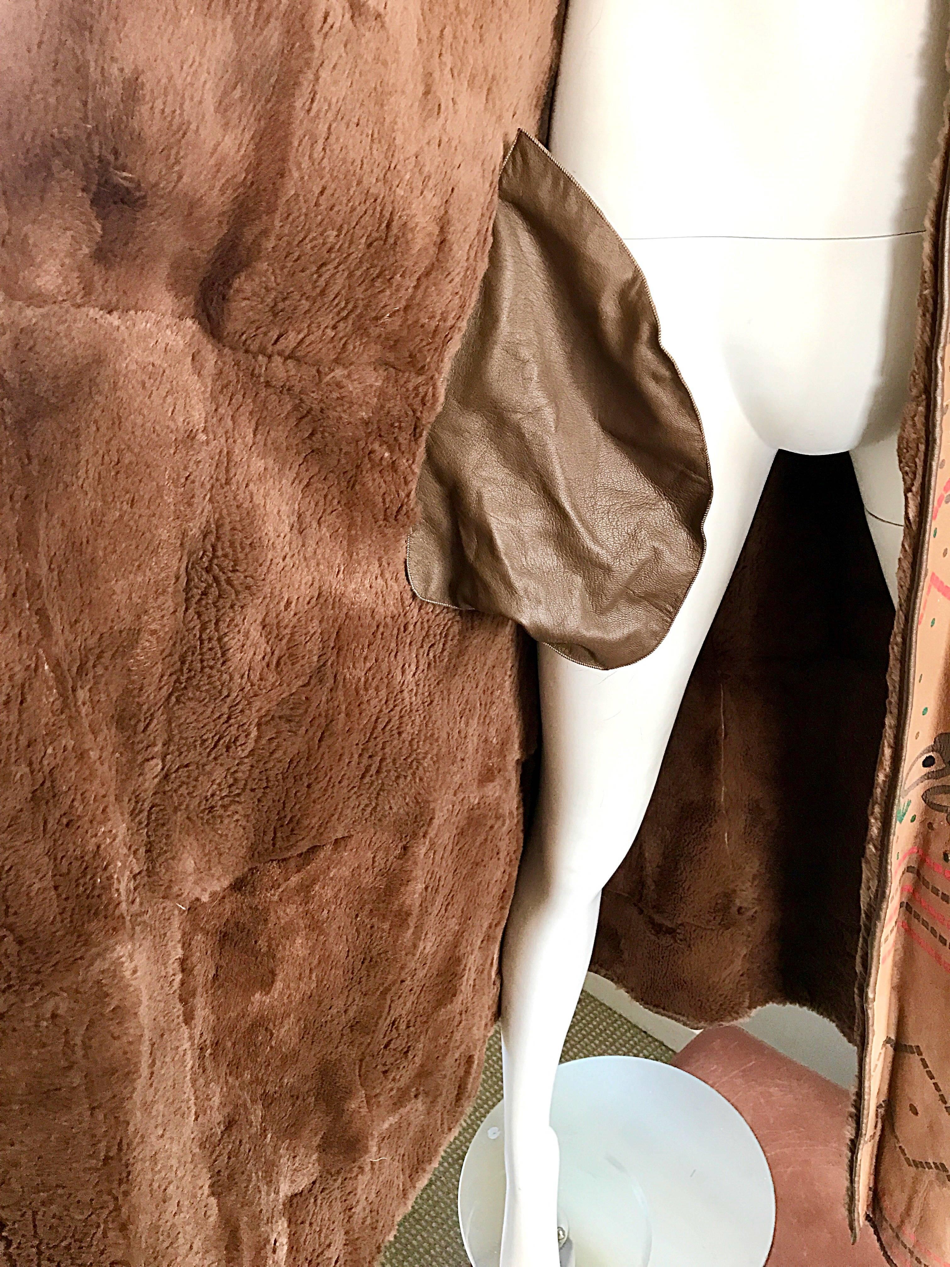 Brown Rare Vintage Jean Charles de Castelbajac Hand Painted Leather Shearling Jacket For Sale