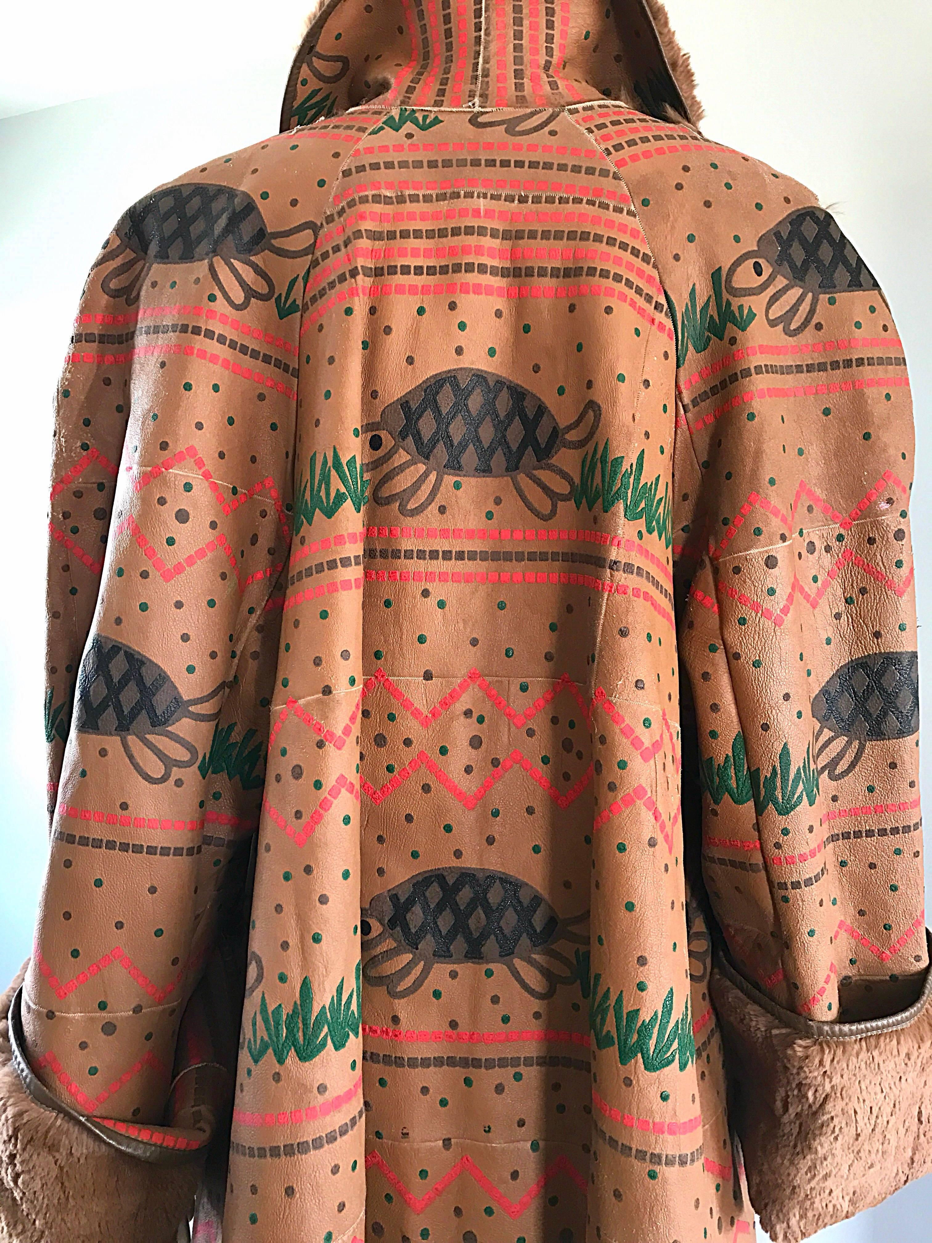 Rare Vintage Jean Charles de Castelbajac Hand Painted Leather Shearling Jacket In Good Condition For Sale In San Diego, CA