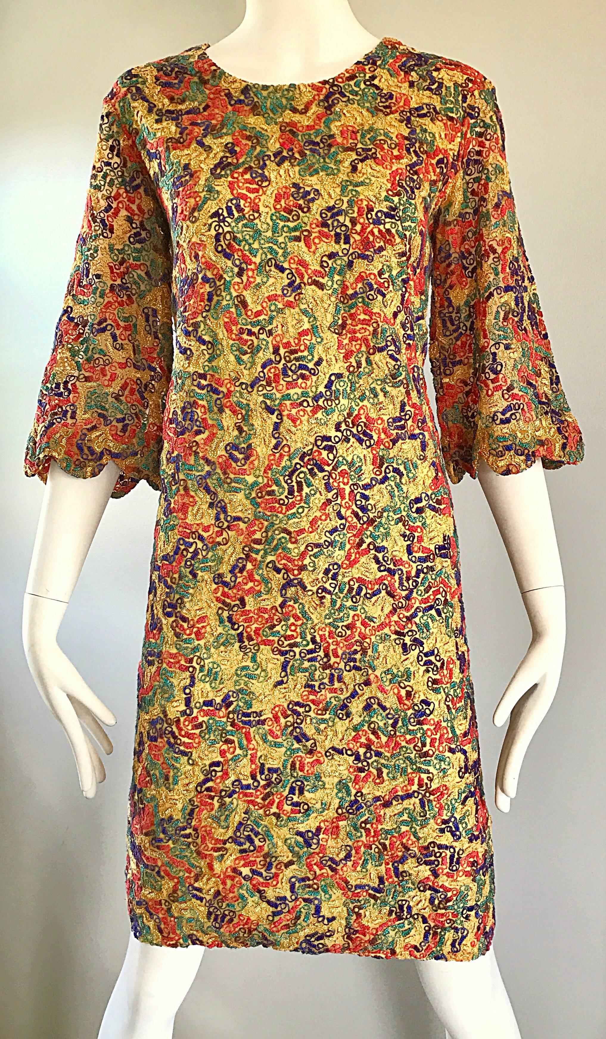 Brown Amazing 1960s Colorful 60s Vintage Mod Shift Dress w/ Scalloped Bell Sleeves For Sale