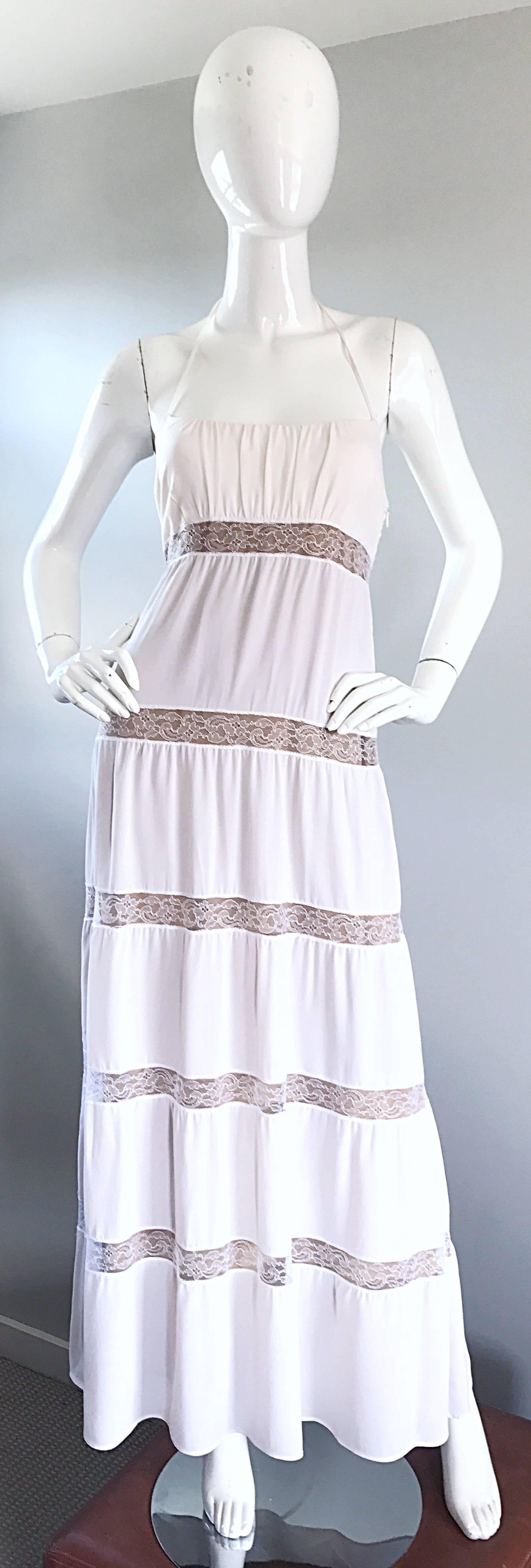 Michael Kors Collection White and Nude Silk + Lace Boho Halter Maxi Dress / Gown For Sale 1
