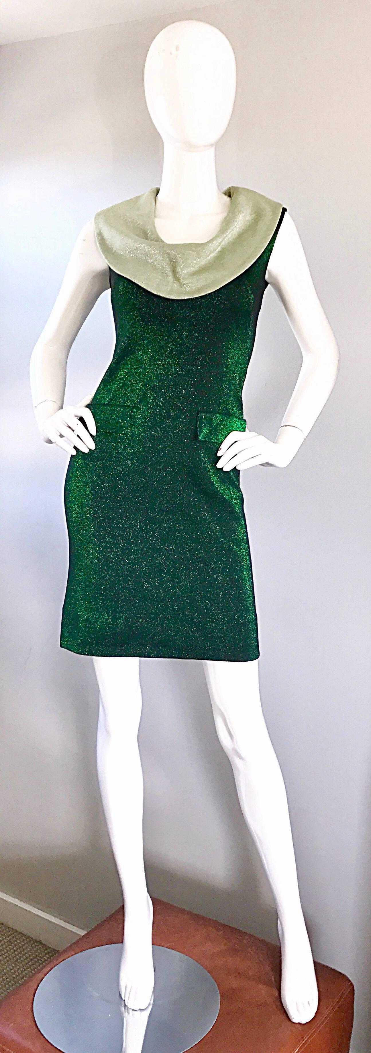 Tres Chic early 1960s forest green and light green metallic cowl neck shift dress! Beautiful vibrant green goes great with practically any skin tone! Oversize exaggerated collar, and two mock pockets at front waist. Soft jersey material stretches to