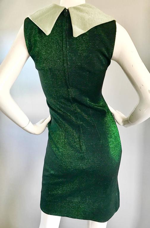 Chic 1960s Metallic Hunter Green + Mint Cowl Neck Vintage 60s Mod Shift Dress