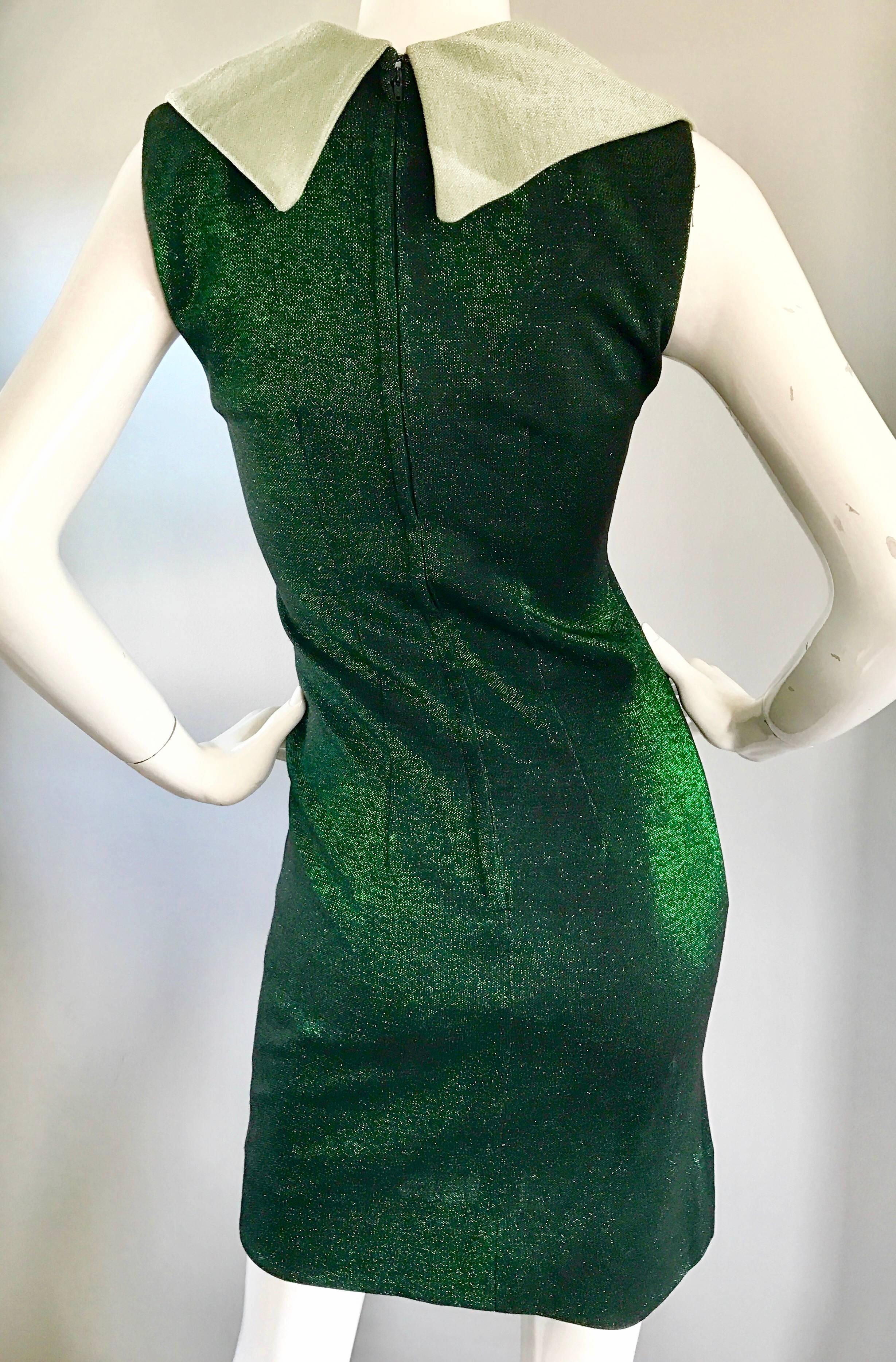 Black Chic 1960s Metallic Hunter Green + Mint Cowl Neck Vintage 60s Mod Shift Dress For Sale