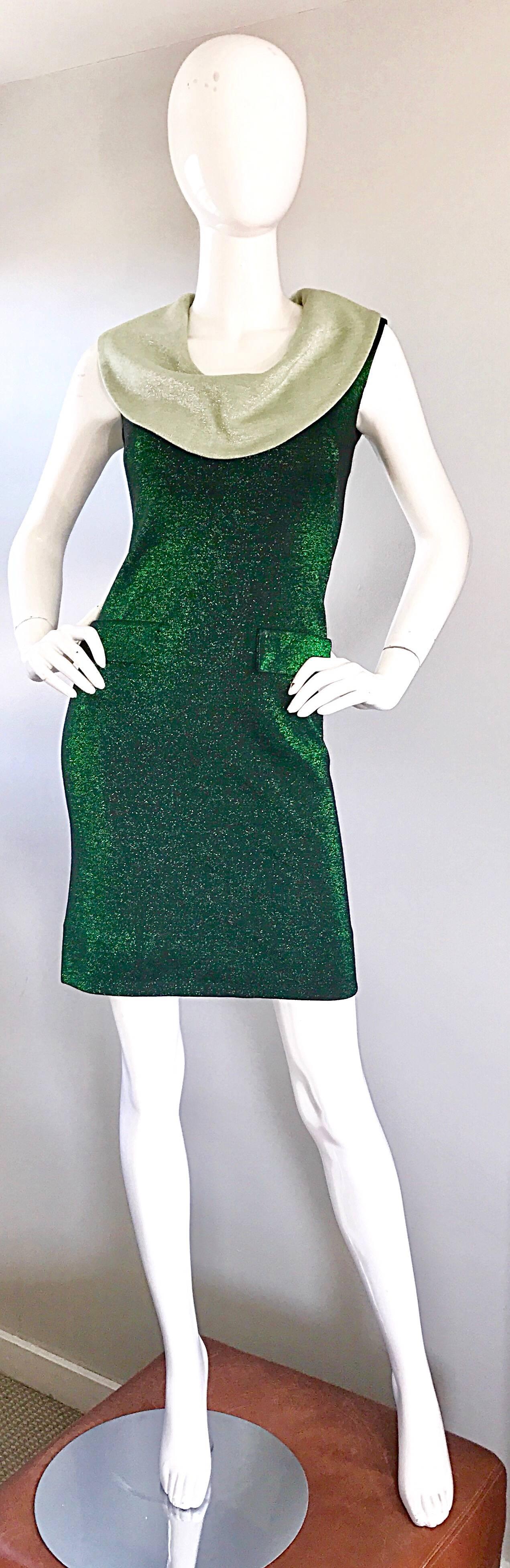 Chic 1960s Metallic Hunter Green + Mint Cowl Neck Vintage 60s Mod Shift Dress For Sale 1