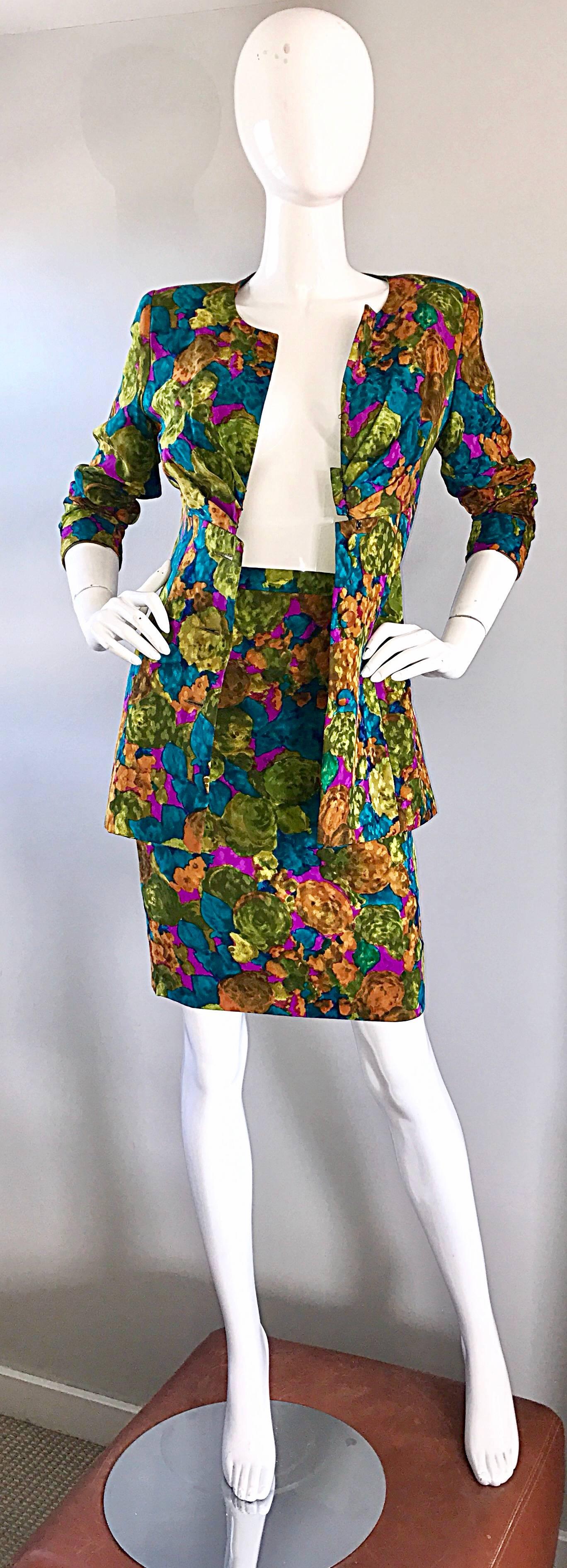 Women's Vintage Vicky Tiel Couture Beautiful Silk Watercolor Skirt and Jacket Suit